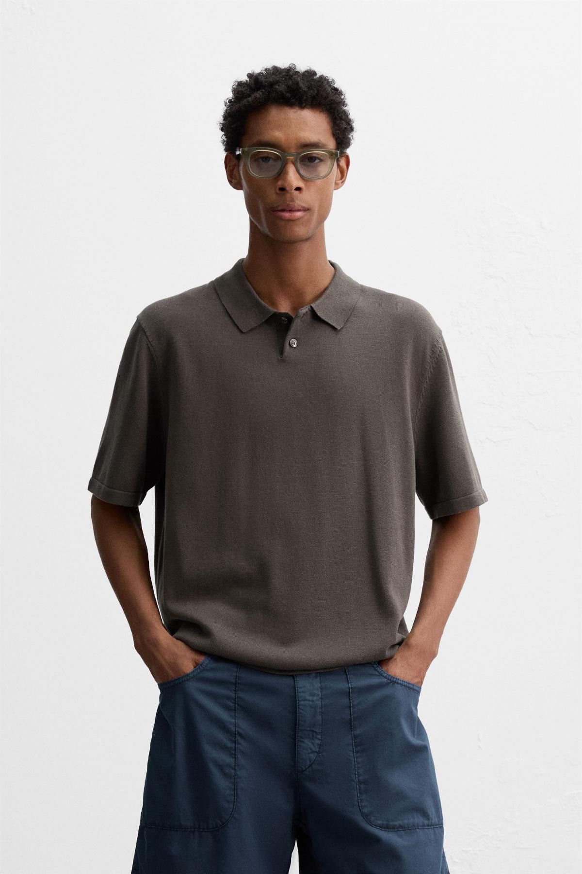 자라 미니멀 코튼블렌드 반팔 니트 폴로셔츠 9598/325 BLACK / BROWN - 상세 이미지 3