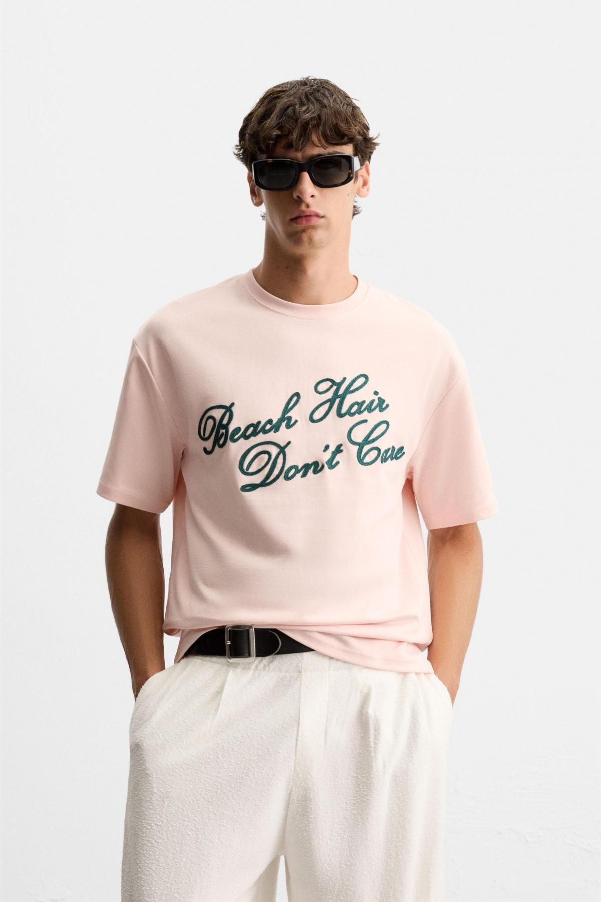 자라 레터링 자수 릴렉스핏 반팔 티셔츠 5584/439 PALE PINK - 상세 이미지 3