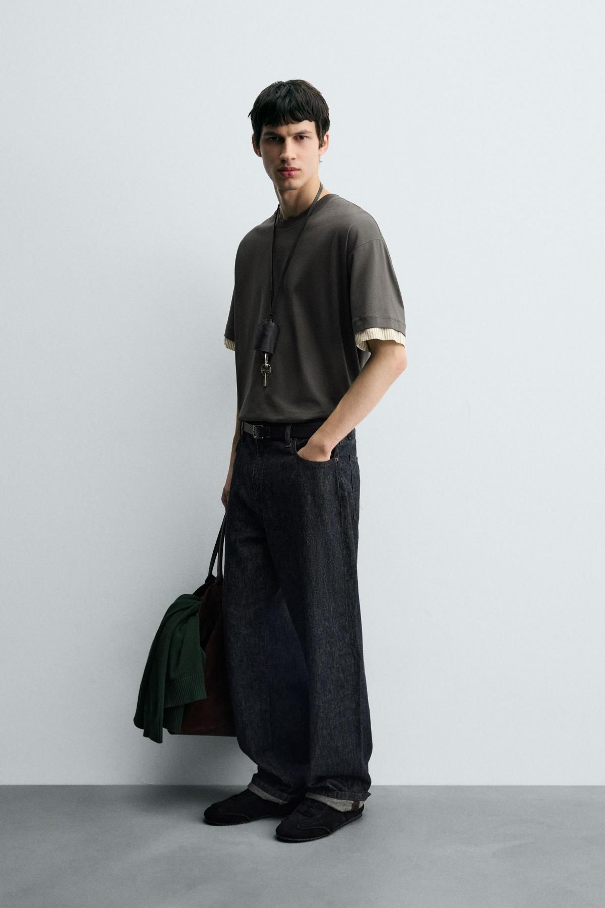 자라 테크니컬 배색 소매 반팔 티셔츠 3992/332 GREY GREEN - 상세 이미지 5