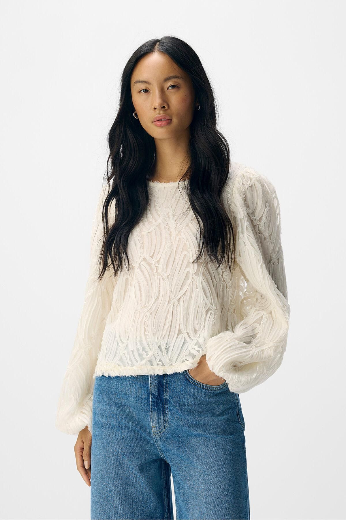오브젝트 텍스처 시스루 라운드넥 퍼프 블라우스 5795351 BLANCO - 메인 이미지