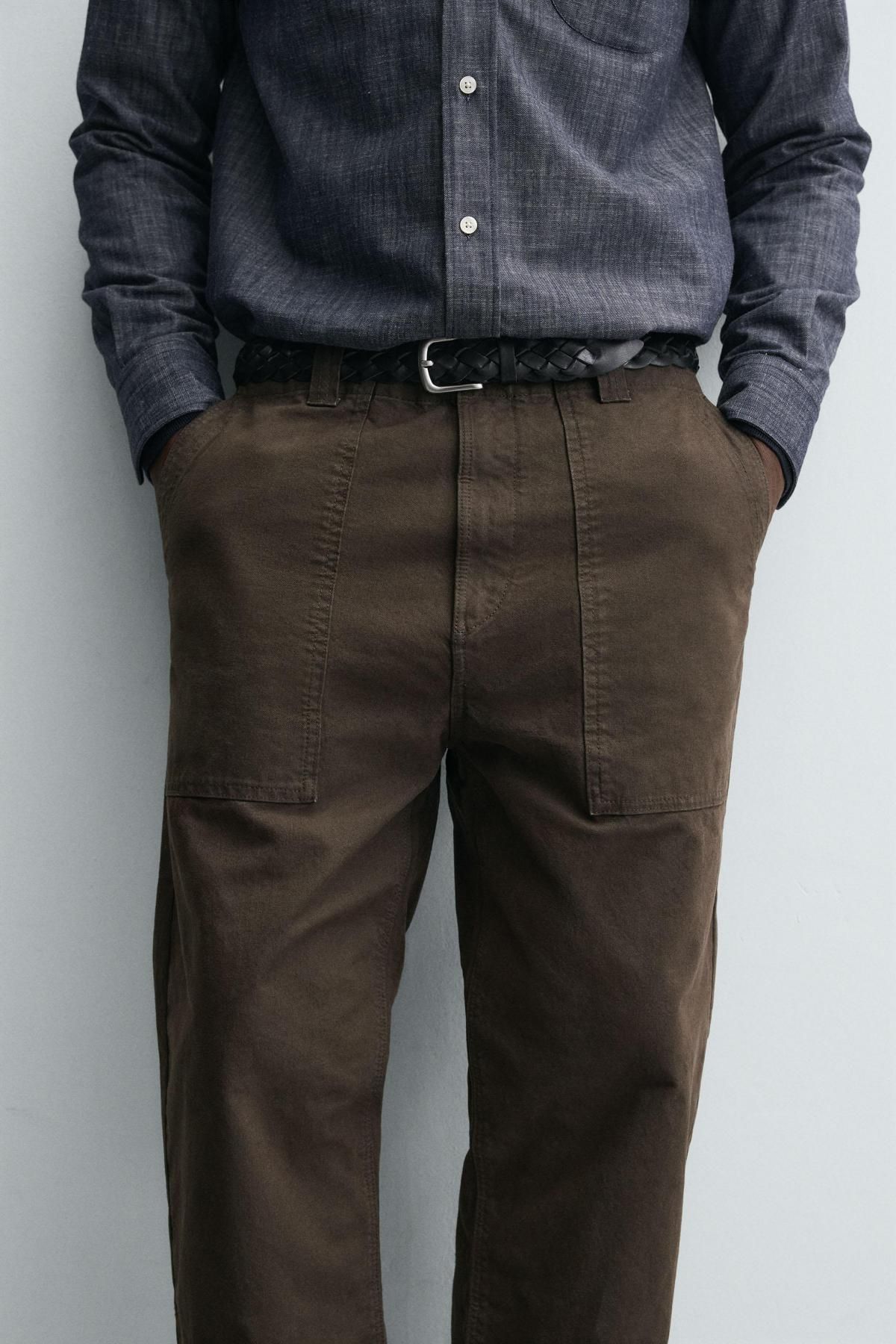 자라 워시드 코튼 스트레이트핏 팬츠 7147/435 BROWN - 상세 이미지 5