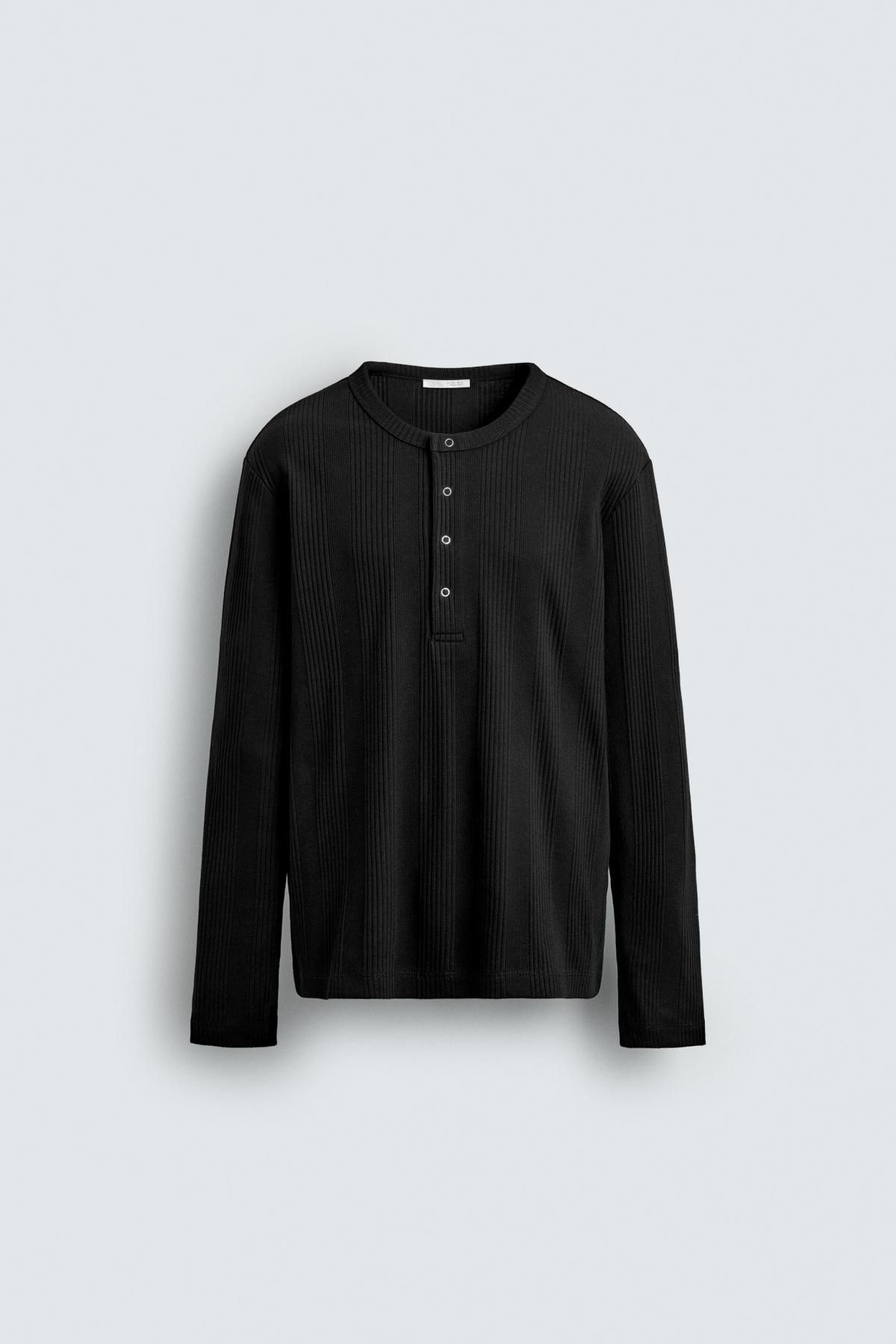 자라 테크니컬 텍스처 버튼업 라운드넥 긴팔 티셔츠 5372/366 BLACK - 메인 이미지