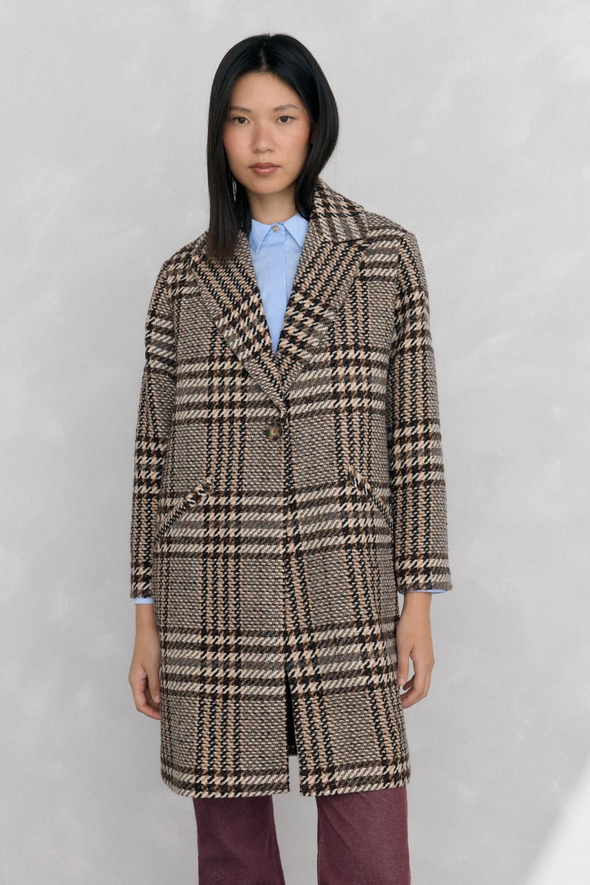 페드로 델 이에로 클래식 체크 울 블렌드 롱 코트 7522238 MARRON - 메인 이미지