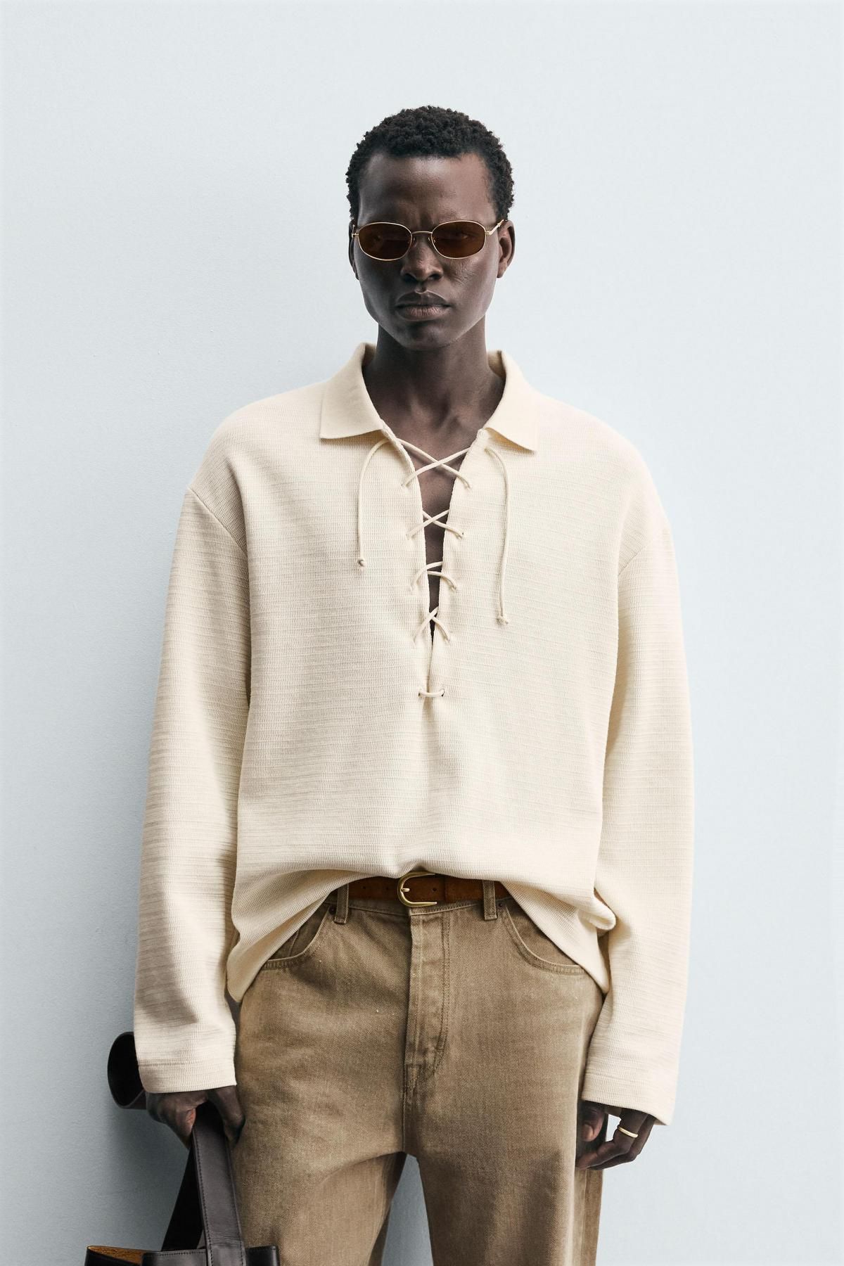 자라 텍스처 릴렉스핏 드로스트링 긴팔 폴로셔츠 5372/331 OYSTER-WHITE - 상세 이미지 3