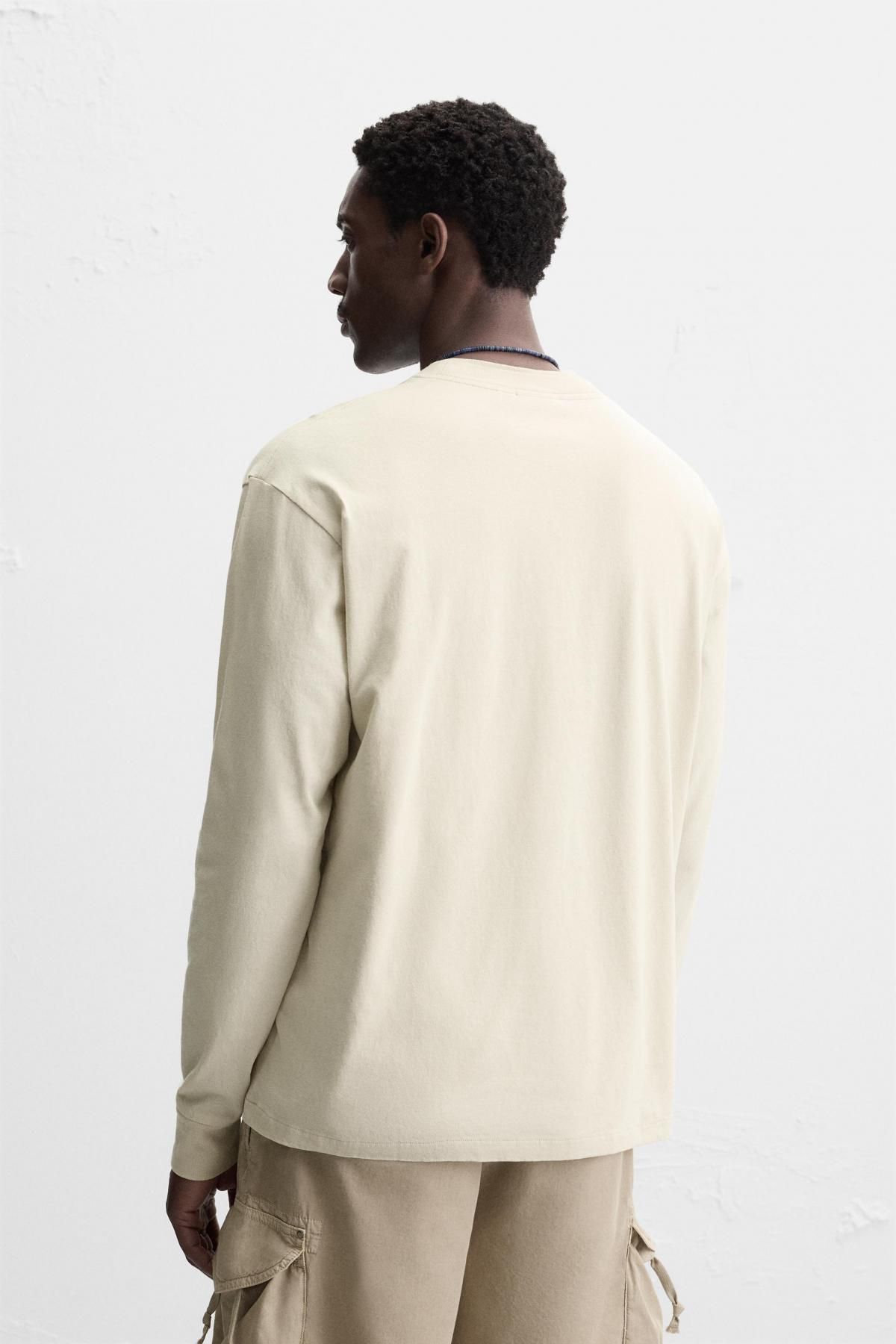 자라 미니멀 코튼 라운드넥 긴팔 티셔츠 4231/480 BEIGE - 상세 이미지 4