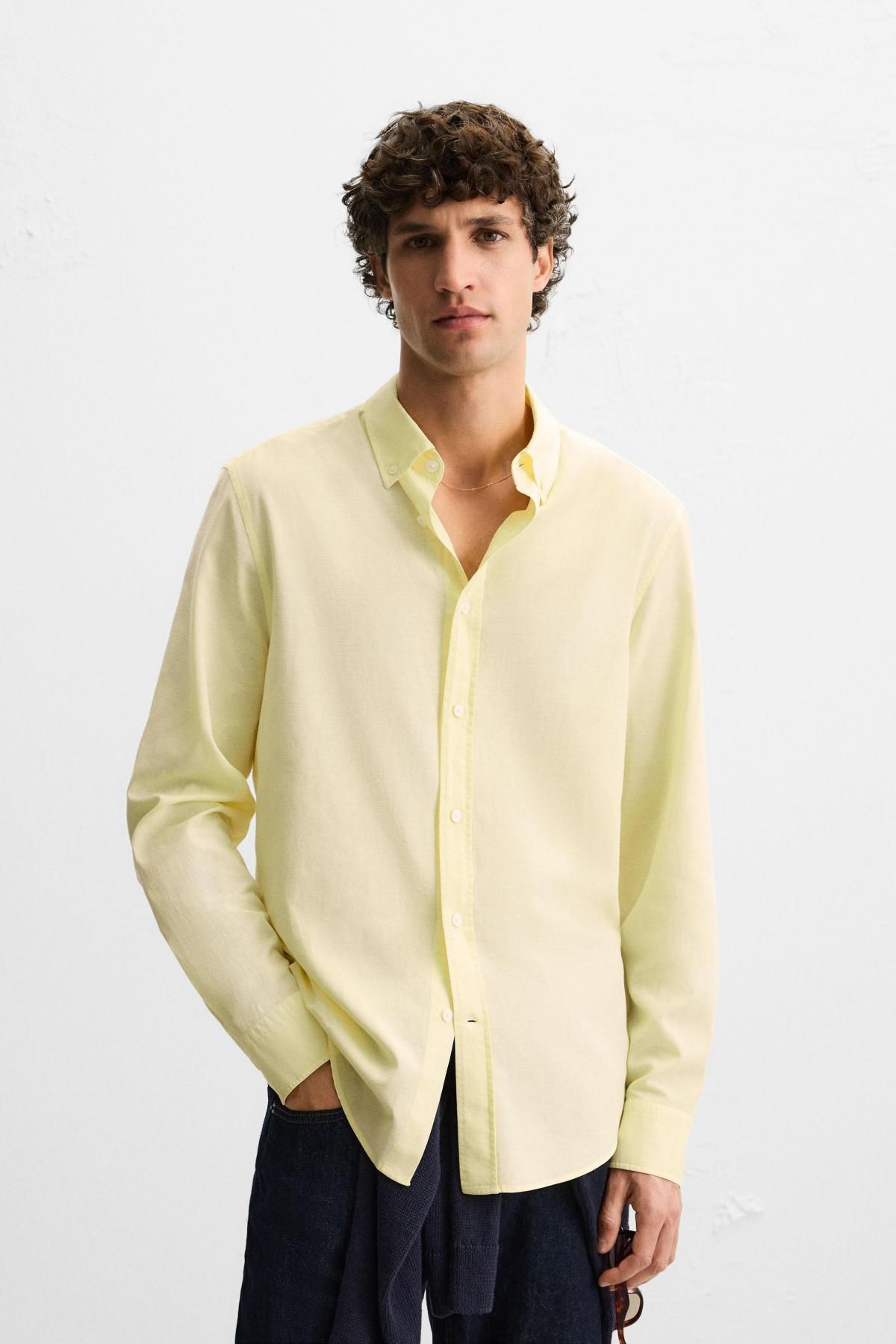 자라 라이트 옐로우 린넨 블렌드 레귤러핏 긴팔 셔츠 5669/776 LIGHT YELLOW - 상세 이미지 3