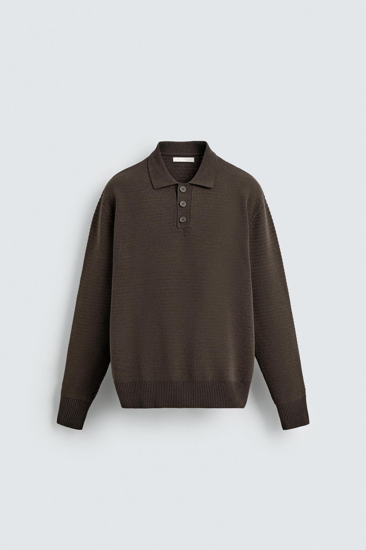 자라 브라운 셔닐 니트 긴팔 폴로 셔츠 4938/300 DARK KHAKI - 상품 이미지