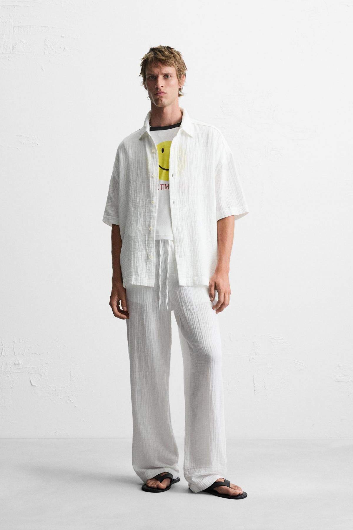 자라 코튼 드로스트링 링클 와이드 팬츠 6103/461 WHITE - 상세 이미지 2