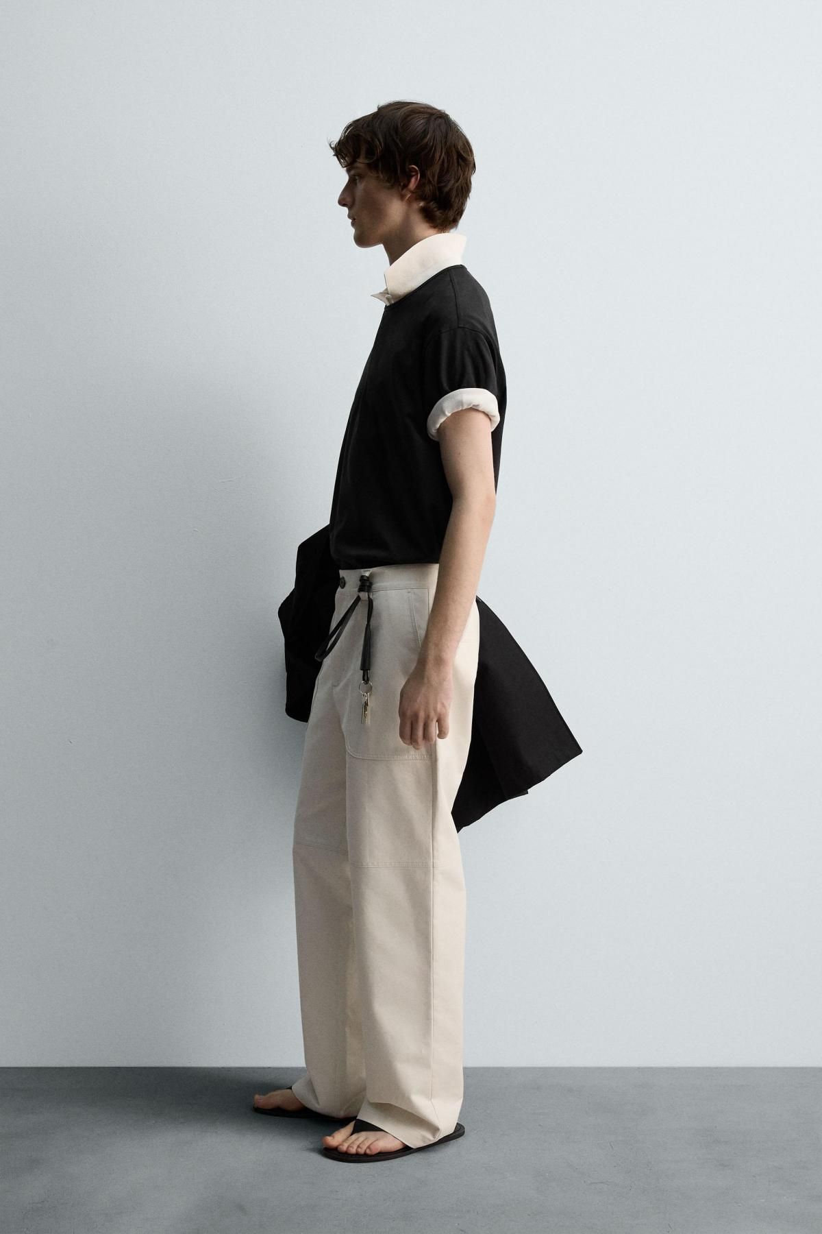 자라 컴팩트코튼 레귤러핏 포켓 와이드 팬츠 1437/331 OYSTER-WHITE - 상세 이미지 4