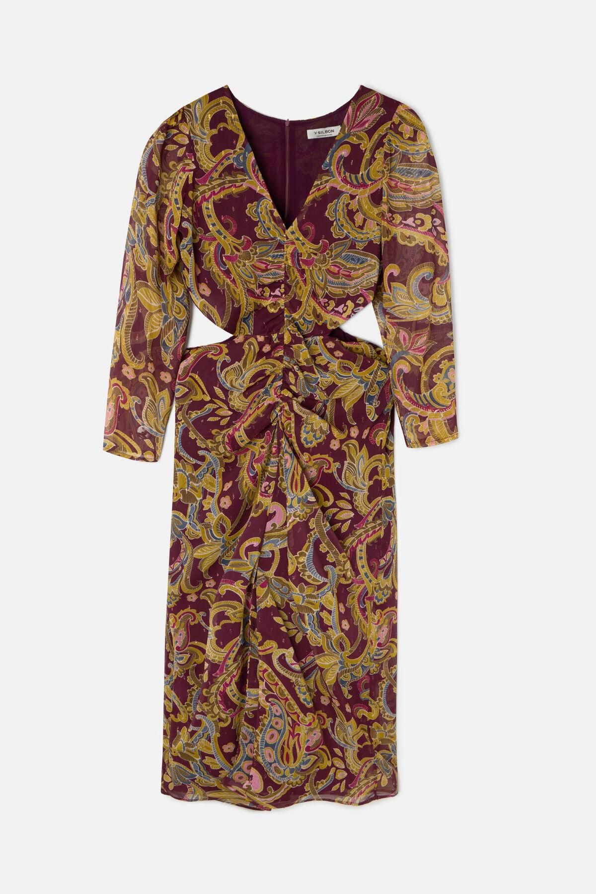 실본 페이즐리 컷아웃 롱 원피스 브이넥 프릴 6442369 GRANATE - 상품 이미지