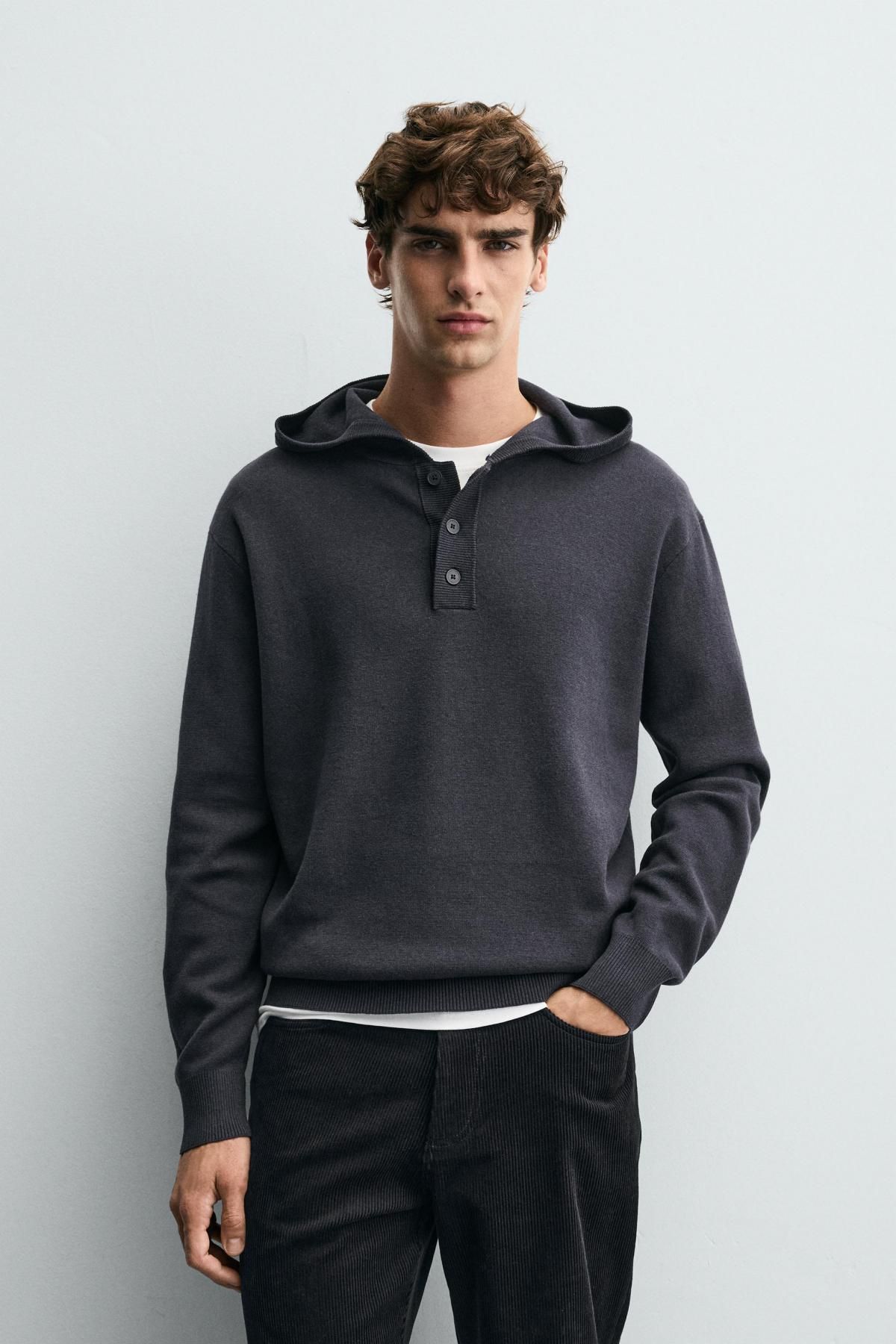 자라 프리미엄 코튼 울 후드 버튼 니트 스웨터 6674/300 ANTHRACITE GREY - 상세 이미지 3