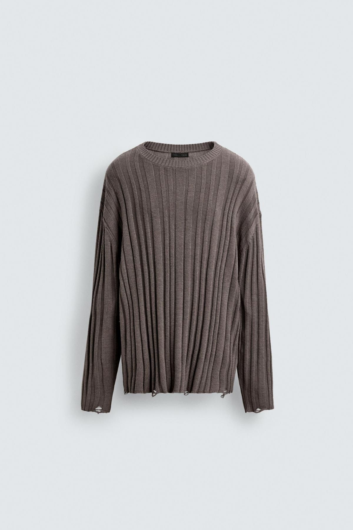 자라 테크니컬 라운드넥 골지 오픈니트 스웨터 3920/155 BROWN - 메인 이미지