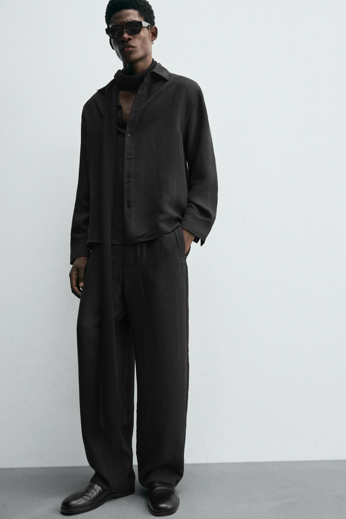 자라 모던 스트라이프 자카드 와이드 슬랙스 팬츠 0794/121 BLACK - 상세 이미지 5