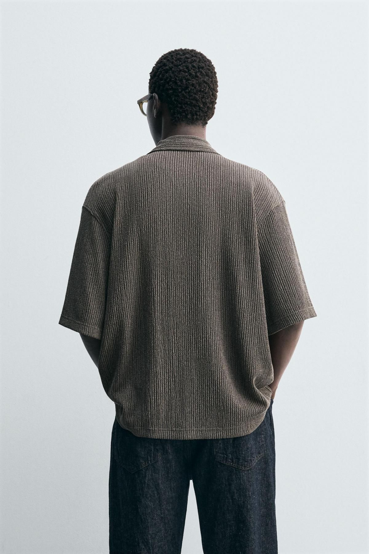 자라 텍스처 릴렉스핏 캠프카라 반팔 셔츠 4087/377 DARK KHAKI - 상세 이미지 4