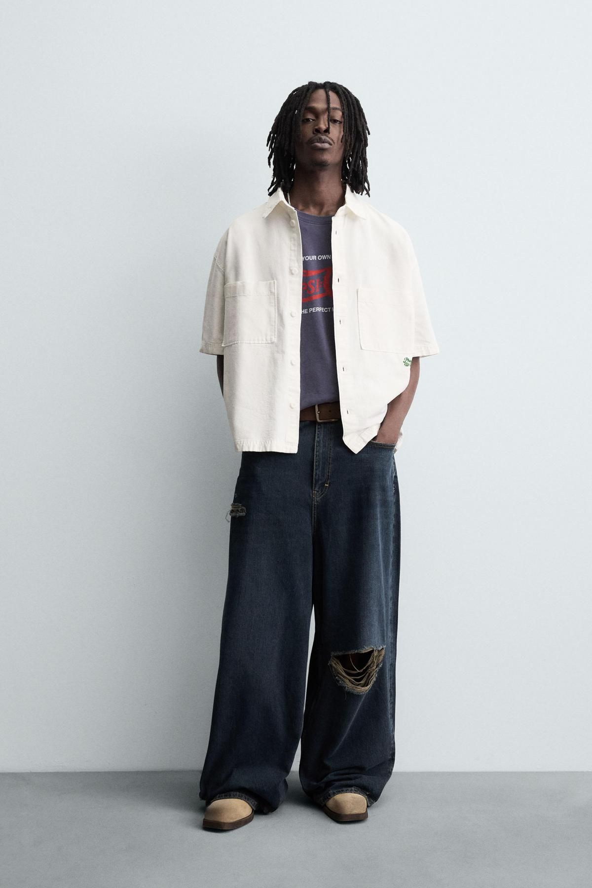 자라 테크니컬 코튼 캔버스 자수 반팔 셔츠 6987/308 OYSTER-WHITE - 상세 이미지 2