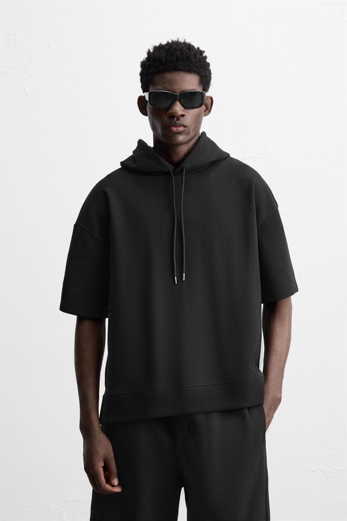 자라 테크니컬 컴팩트 코튼 반팔 후드티 0761/304 BLACK - 상세 이미지 3