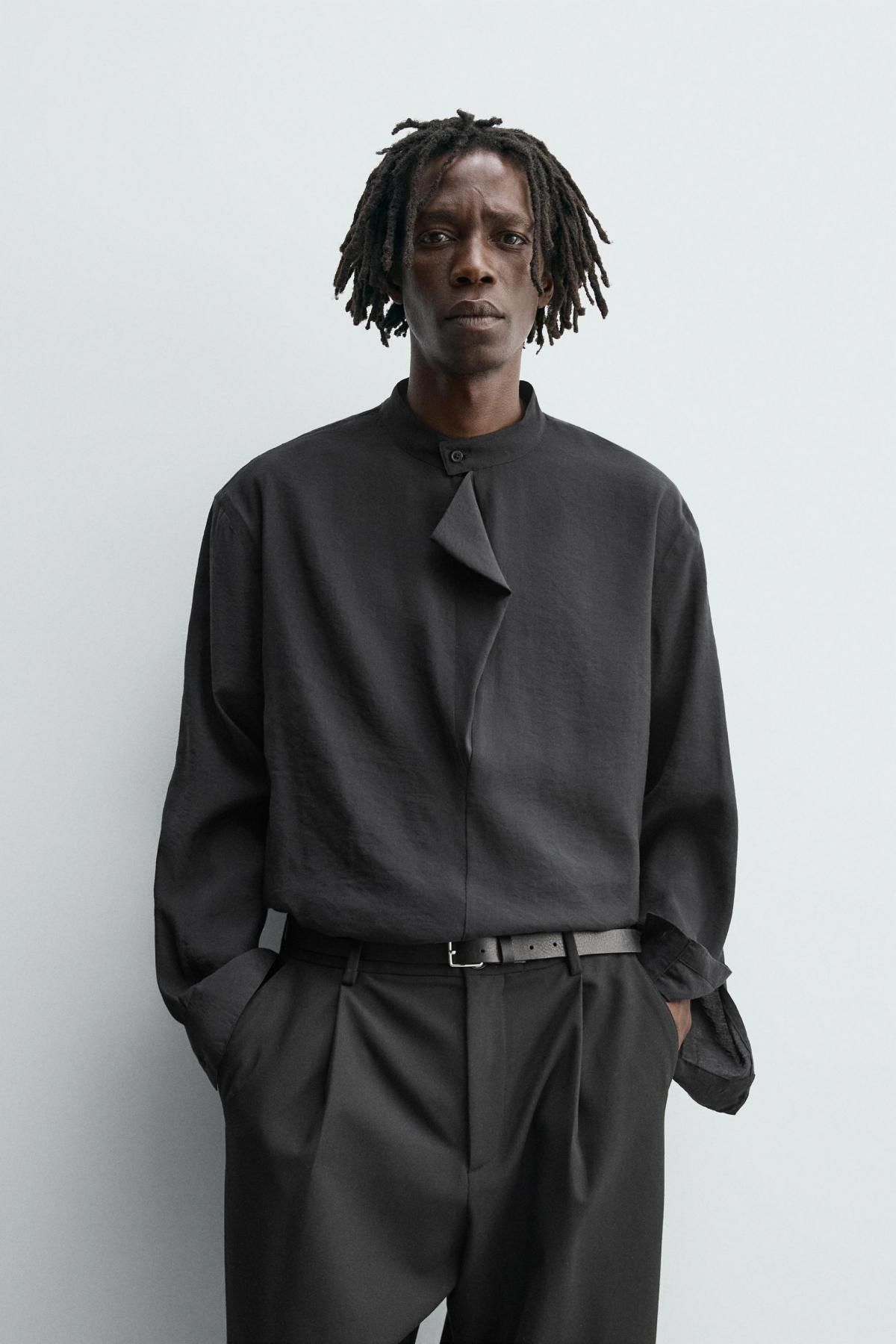 자라 모달블렌드 밴드카라 긴팔 폴로셔츠 7545/885 BLACK - 상세 이미지 3