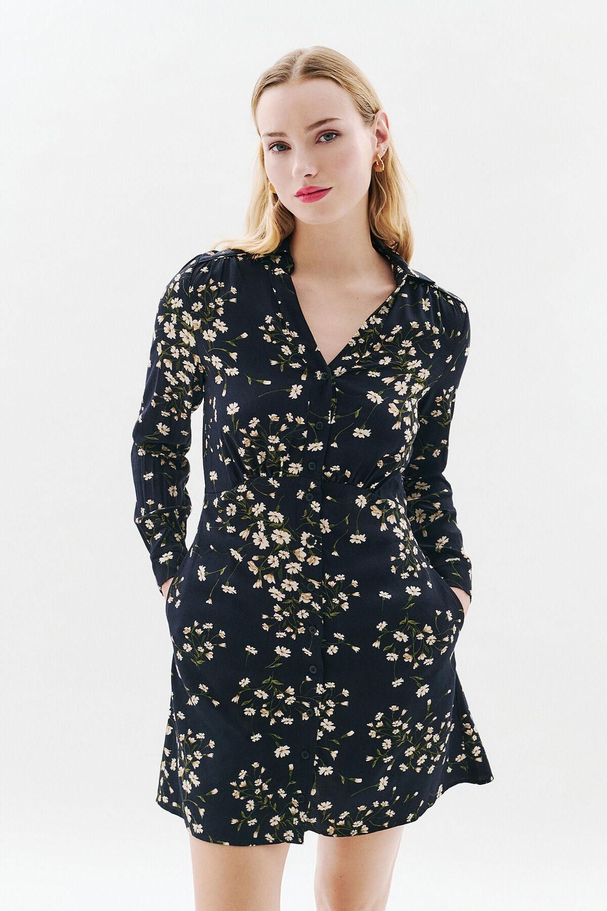 카롤 플라워 비스코스 브이넥 미니 원피스 6442334 NEGRO - 상품 이미지