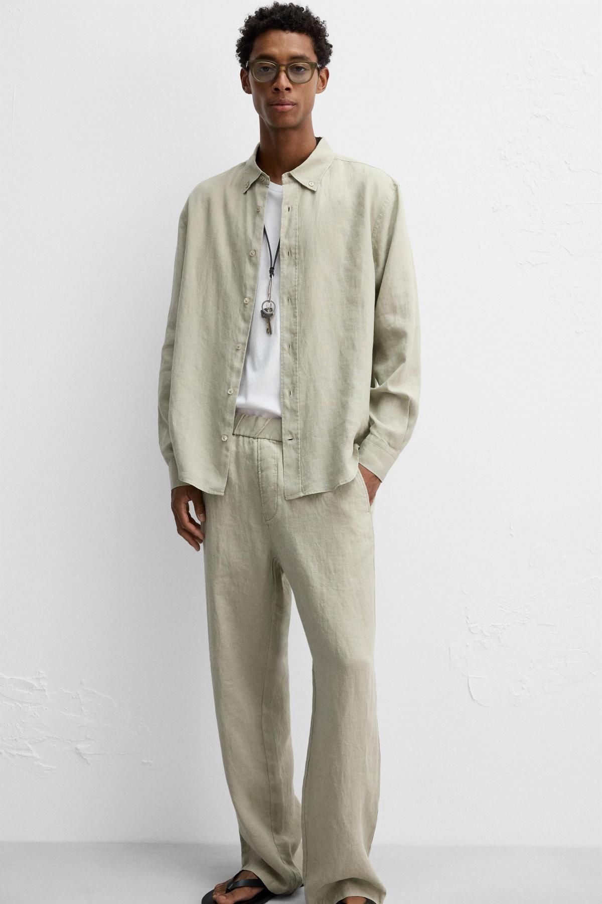 자라 프리미엄 린넨 와이드 밴딩 팬츠 4331/181 LIGHT BEIGE - 상세 이미지 5