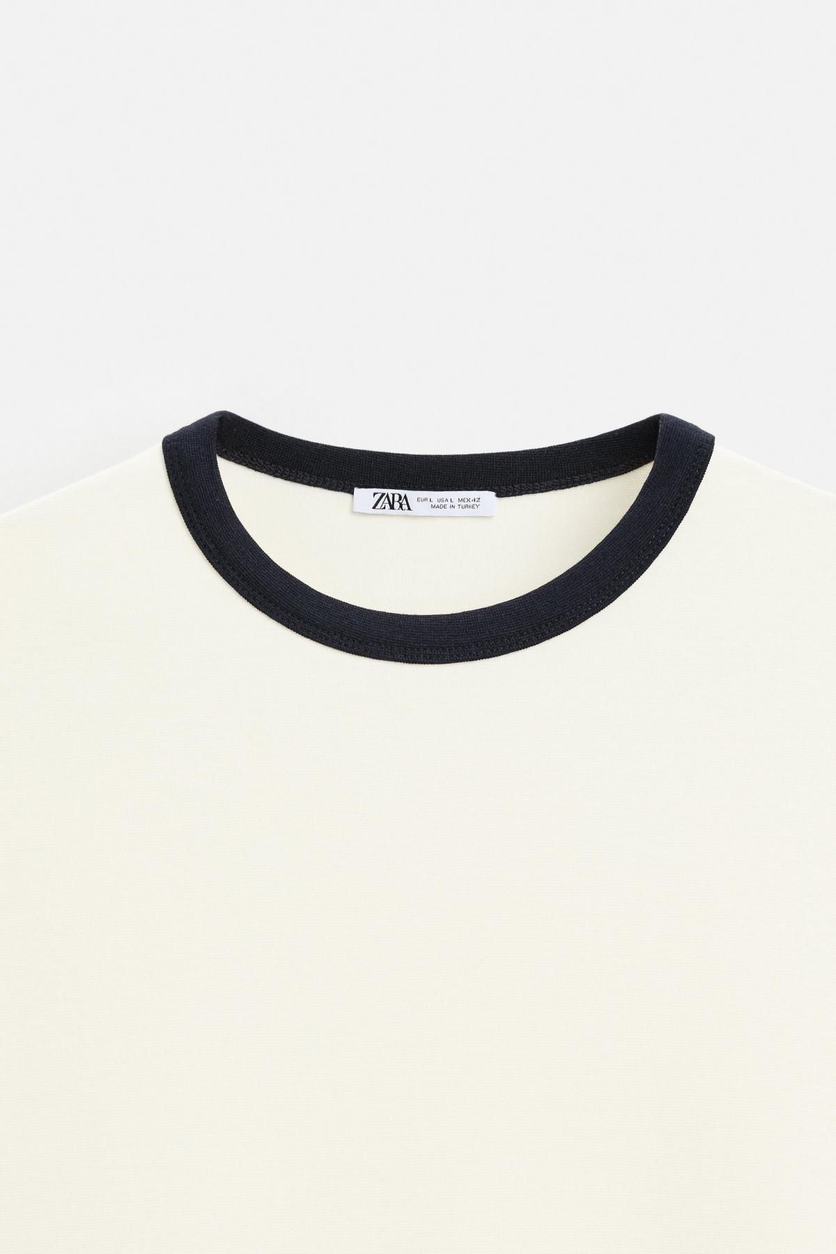 자라 배색 라운드넥 립 반팔 티셔츠 0761/412 OYSTER-WHITE - 상세 이미지 4