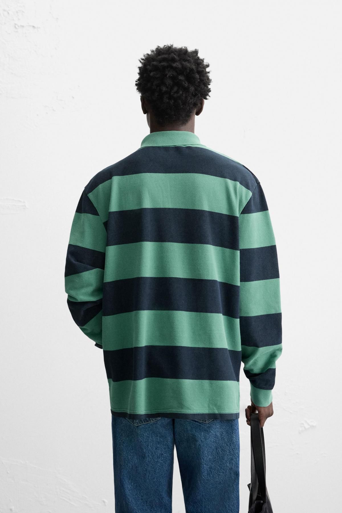 자라 스트라이프 워시드 테크니컬 긴팔 폴로셔츠 4092/313 GREEN / BLUE - 상세 이미지 4