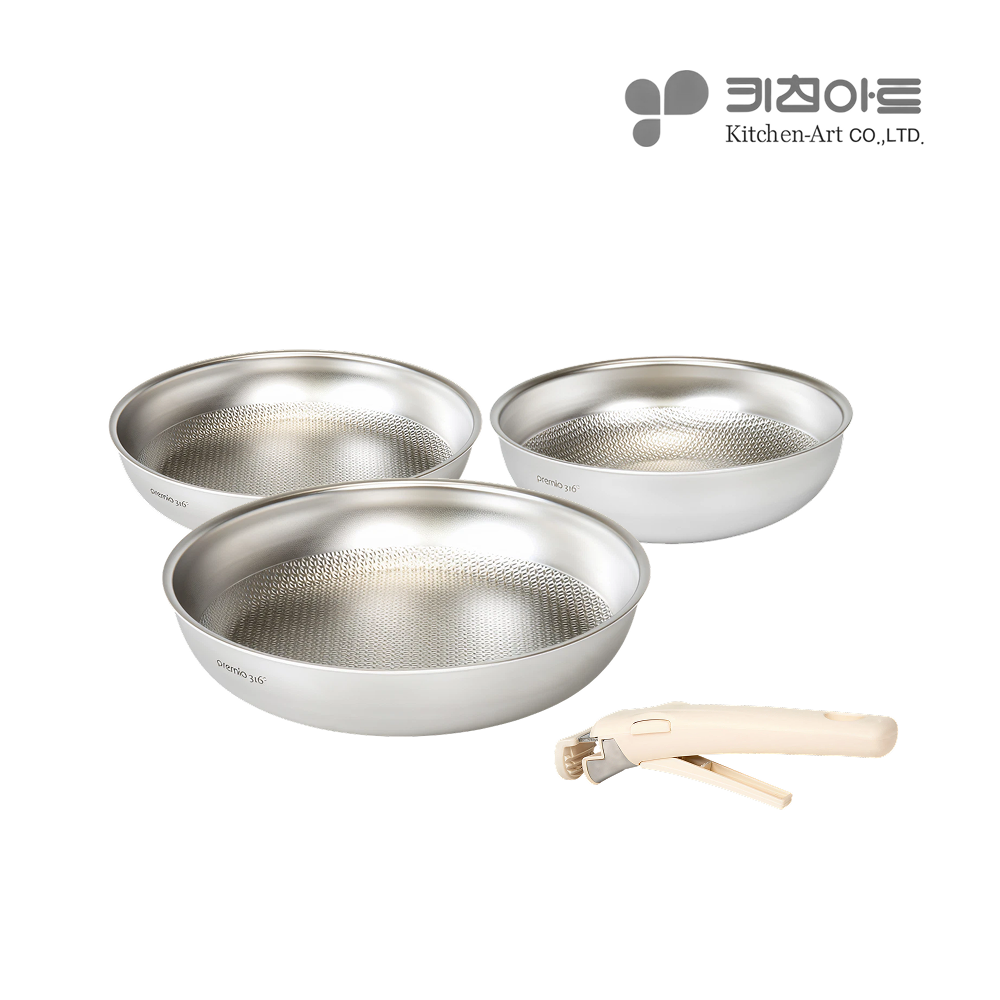 키친아트 스테인리스 316 탈부착 무연마제 통5중 프라이팬 세트 3종, 프라이팬22+28+궁중팬22, 1세트 - 메인 이미지