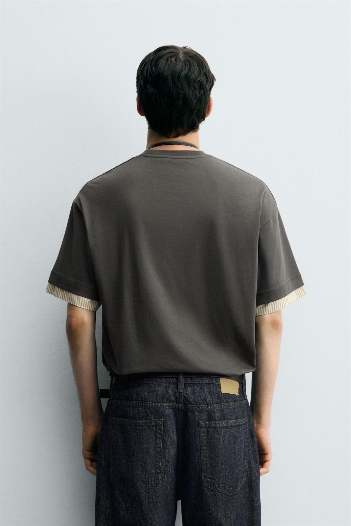 자라 테크니컬 배색 소매 반팔 티셔츠 3992/332 GREY GREEN - 상세 이미지 4