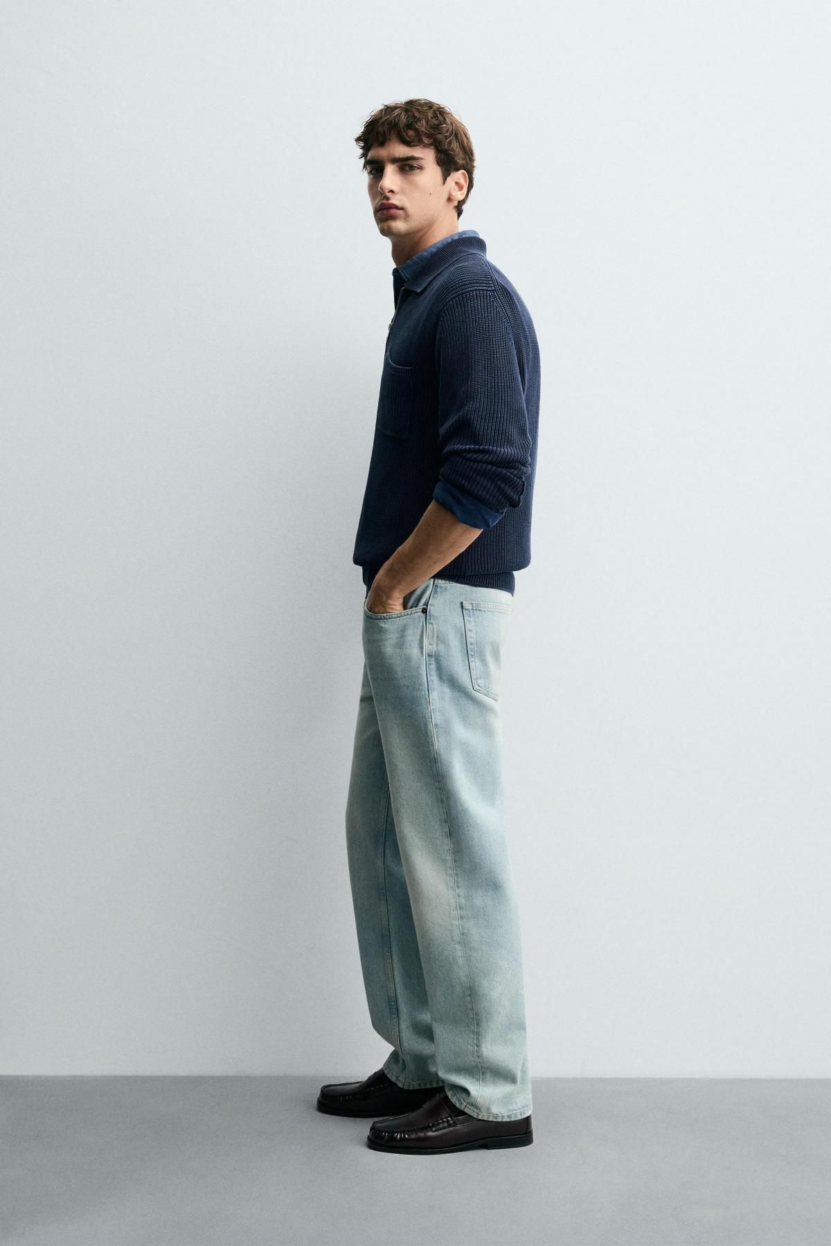 자라 워시드 텍스처 지퍼넥 니트 폴로셔츠 3284/308 FADED BLUE - 상세 이미지 5