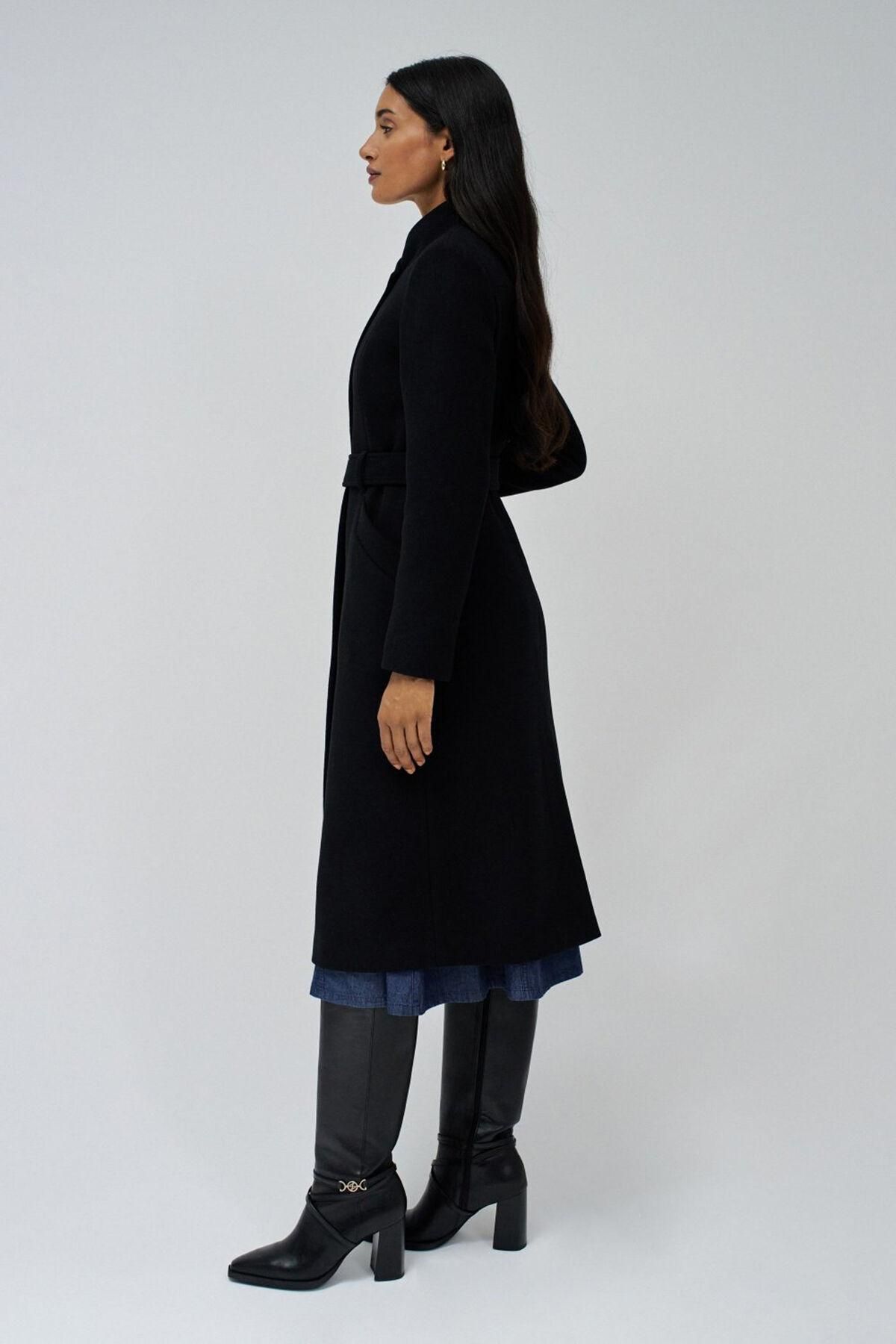 살사진스 벨티드 롱 울 코트 슬림핏 블랙 6031226 NEGRO - 상세 이미지 3