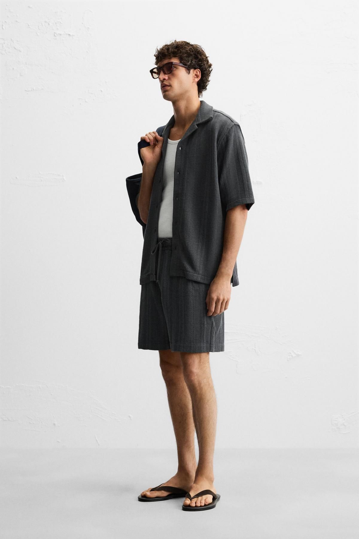 자라 자카드 텍스처 와이드 밴딩 버뮤다 반바지 4840/141 ANTHRACITE GREY - 상세 이미지 5