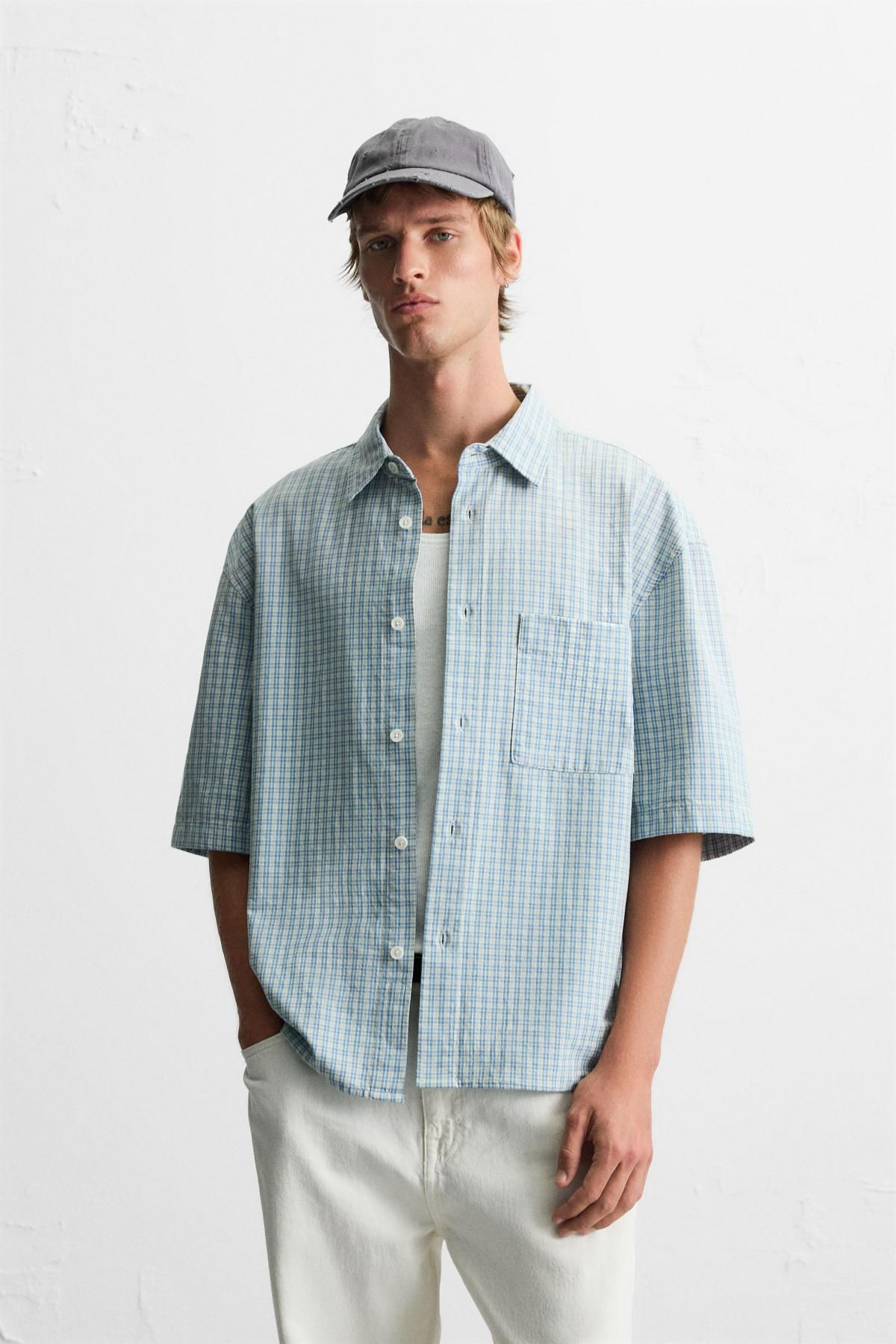 자라 체크 릴랙스핏 반팔 셔츠 7446/330 BLUE/WHITE - 상세 이미지 3