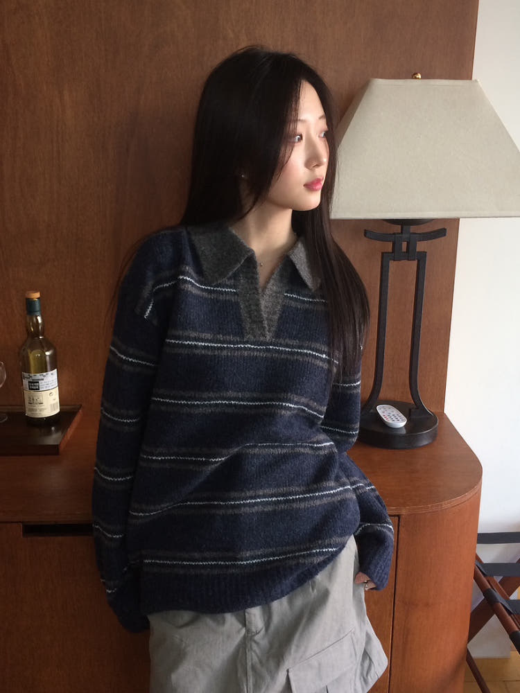 빅 카라 스트라이프 컬러 빈티지 니트 (2color) : 모브앤로지