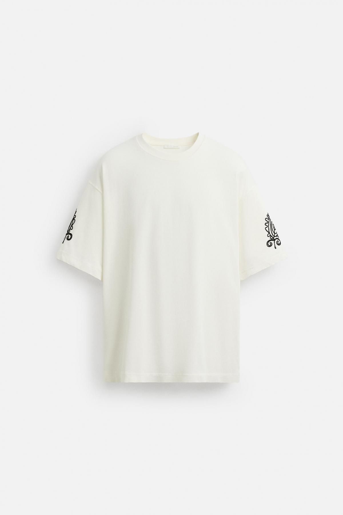 자라 코튼 배색 자수 반팔 티셔츠 5584/306 OYSTER-WHITE - 메인 이미지