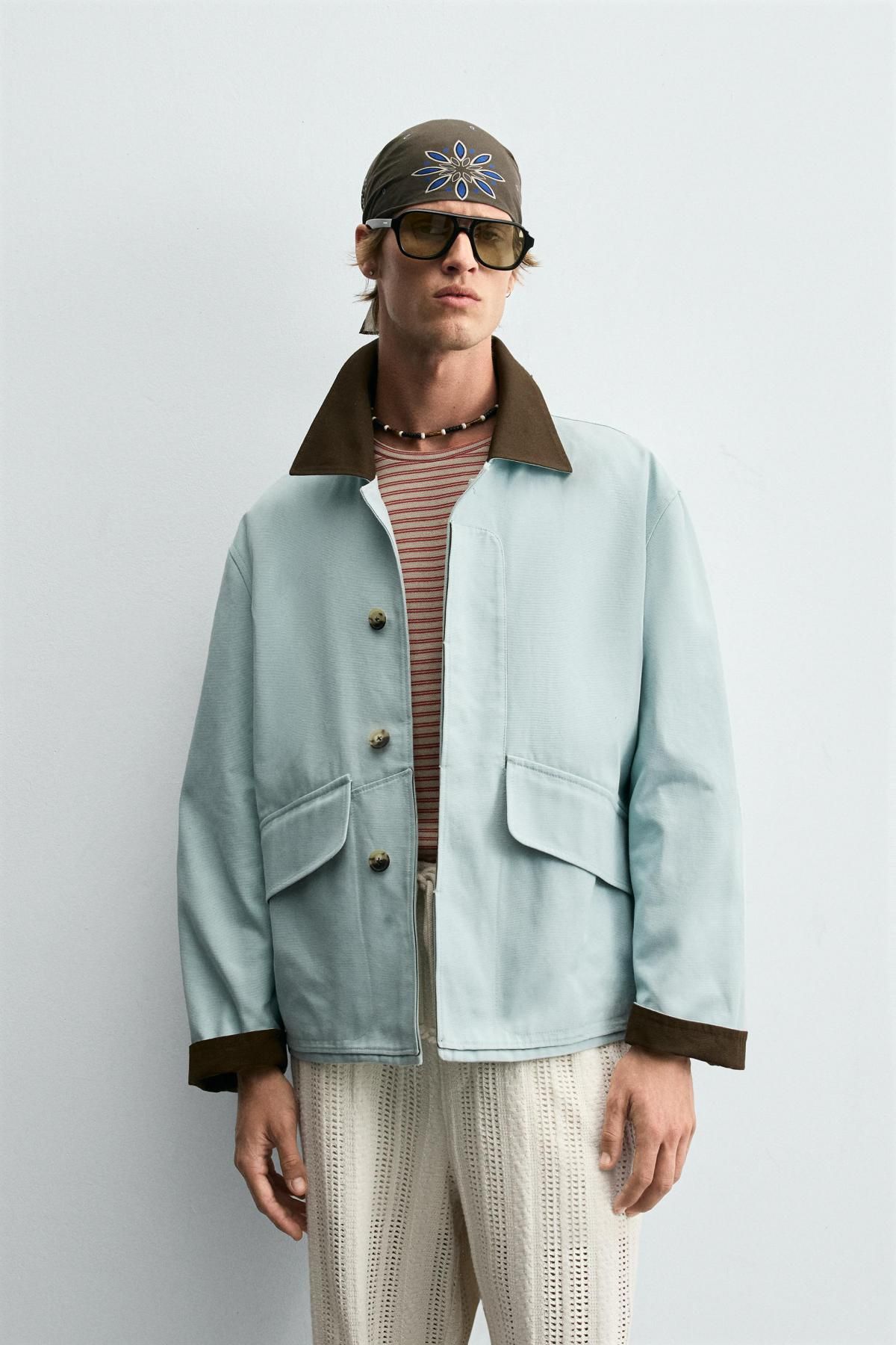 자라 테크니컬 배색카라 코튼 캔버스 재킷 4963/118 LIGHT BLUE - 상세 이미지 3