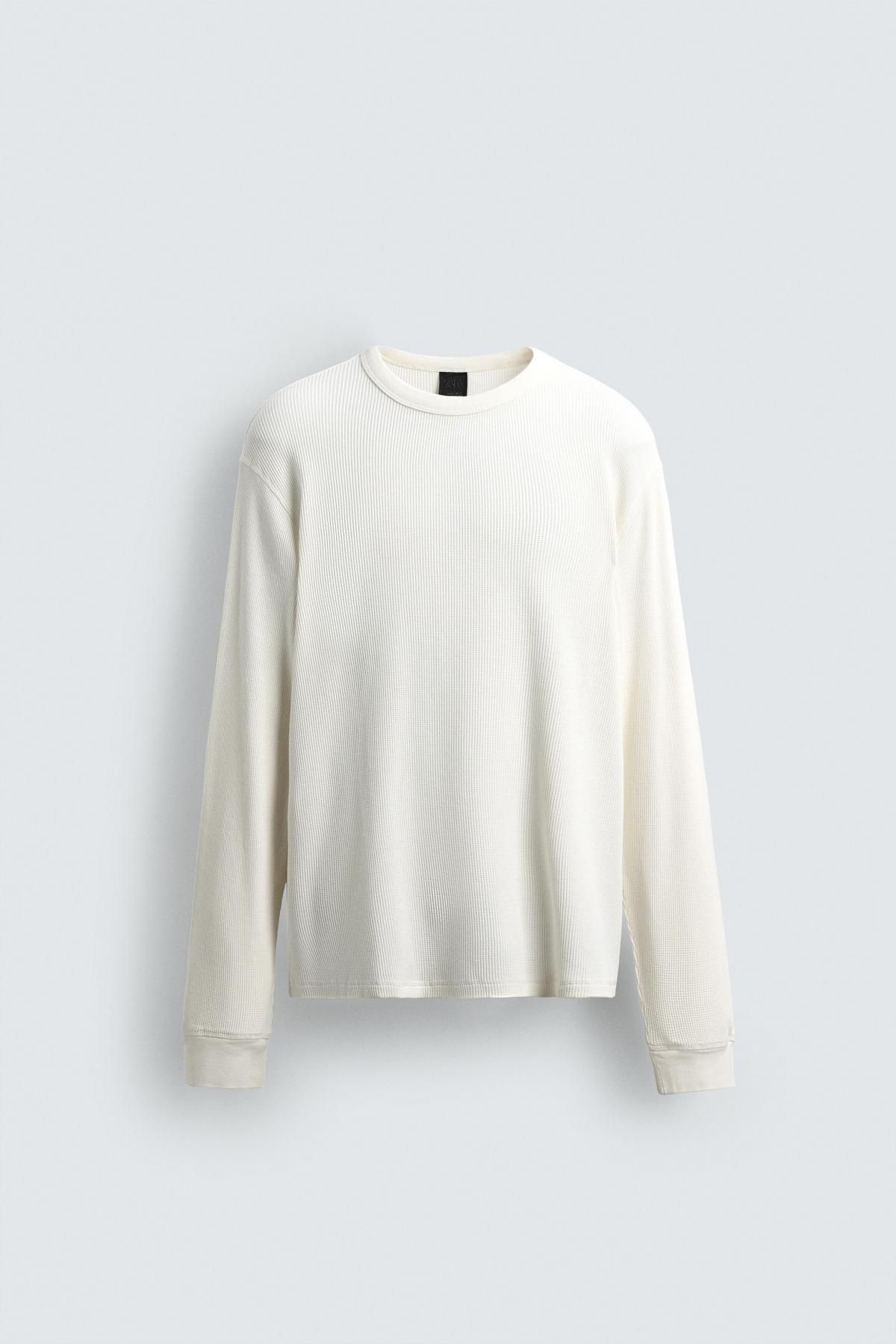 자라 와플 텍스쳐 오버핏 라운드 긴팔 티셔츠 0526/345 OYSTER-WHITE - 메인 이미지
