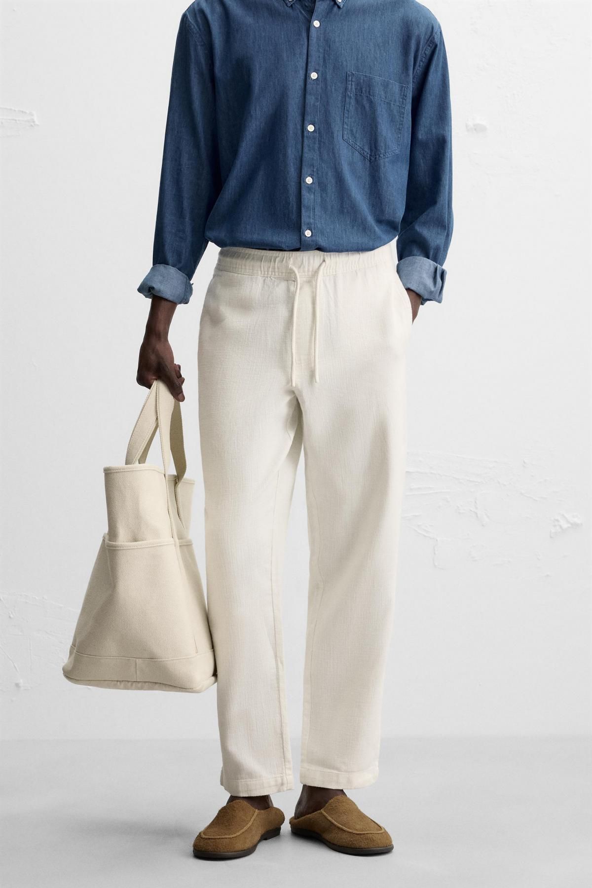 자라 릴랙스핏 텍스처 팬츠 7147/400 OYSTER-WHITE - 상세 이미지 3