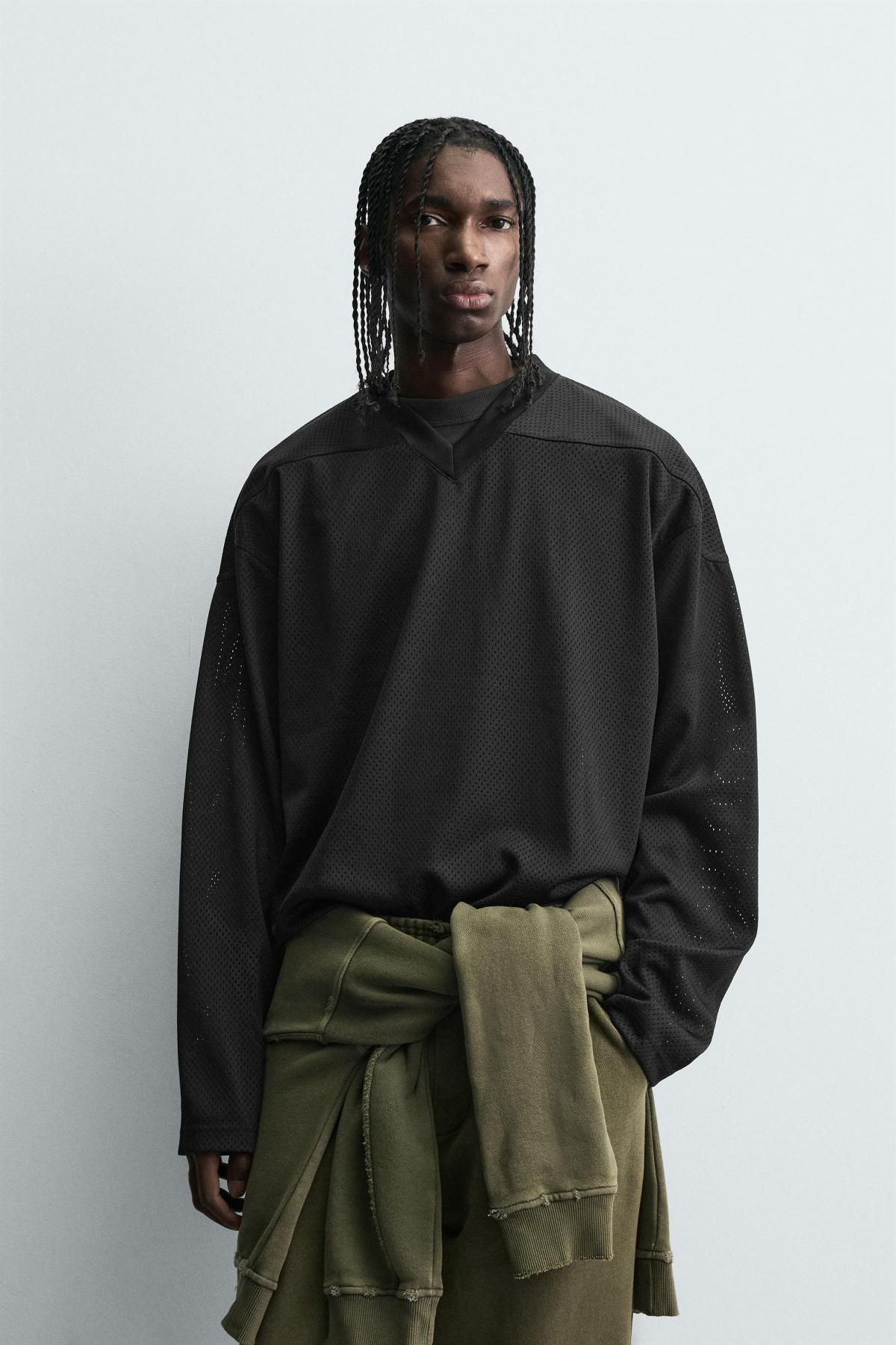 자라 오픈 텍스처 브이넥 긴팔 티셔츠 4393/321 BLACK - 상세 이미지 3