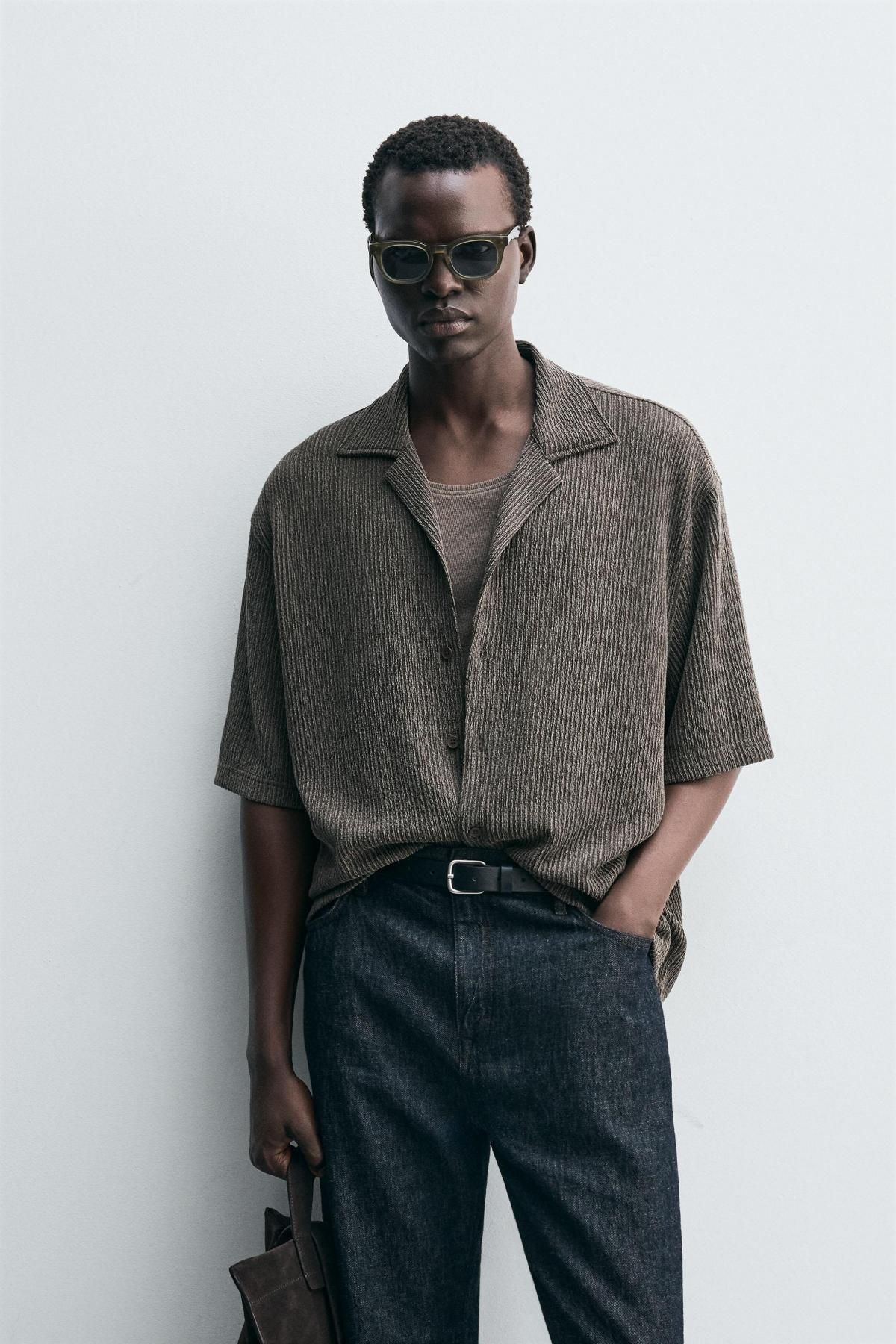 자라 텍스처 릴렉스핏 캠프카라 반팔 셔츠 4087/377 DARK KHAKI - 상세 이미지 3