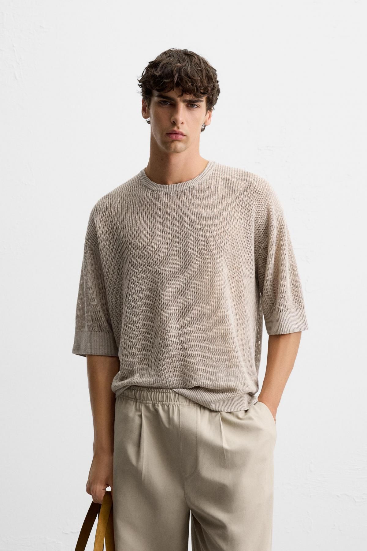 자라 프리미엄 린넨 라운드 니트 반팔 티셔츠 0506/307 LIGHT BEIGE - 상세 이미지 3