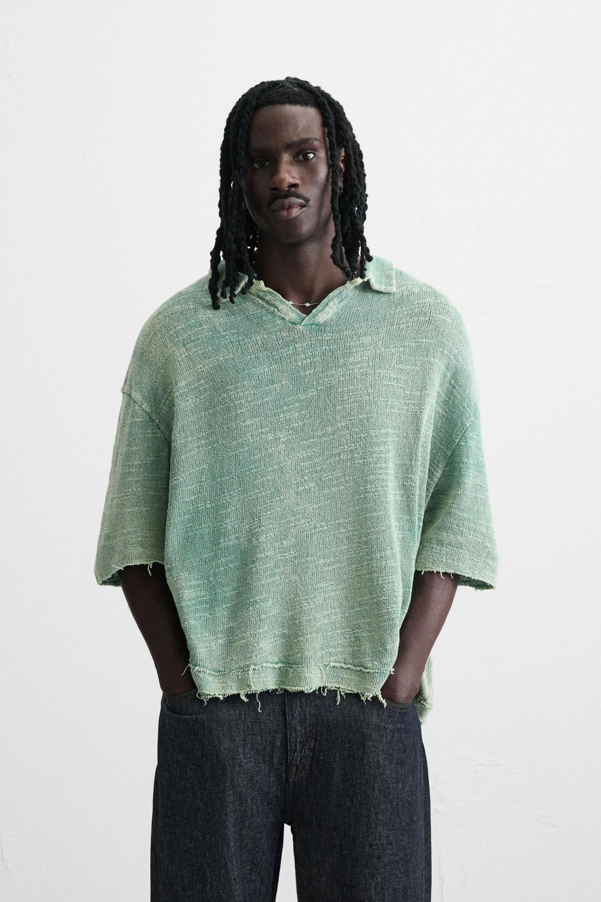 자라 워시드 이펙트 릴렉스드핏 반팔 니트 폴로셔츠 4090/301 WASHED GREEN - 상세 이미지 3