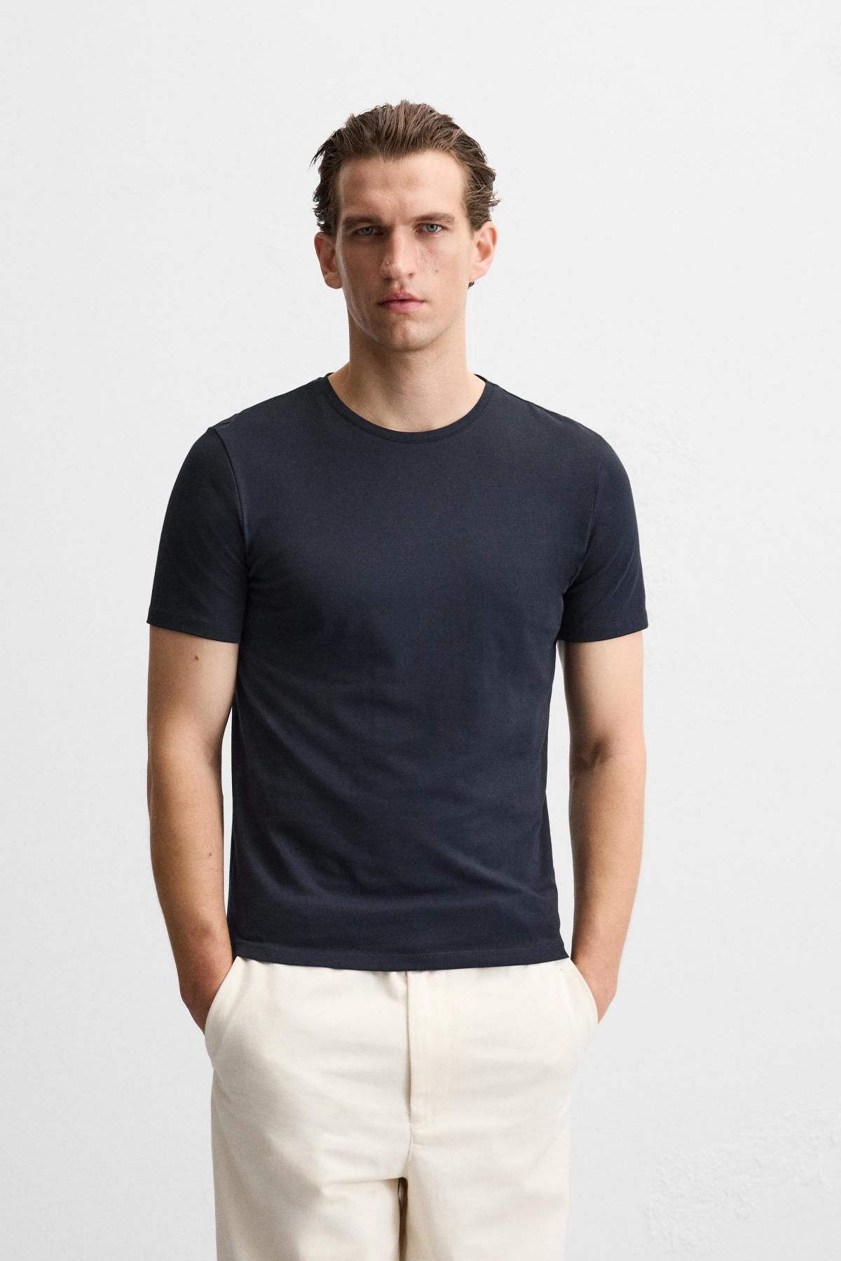 자라 슬림핏 네이비 베이직 반팔 티셔츠 5584/401 NAVY BLUE - 상세 이미지 3