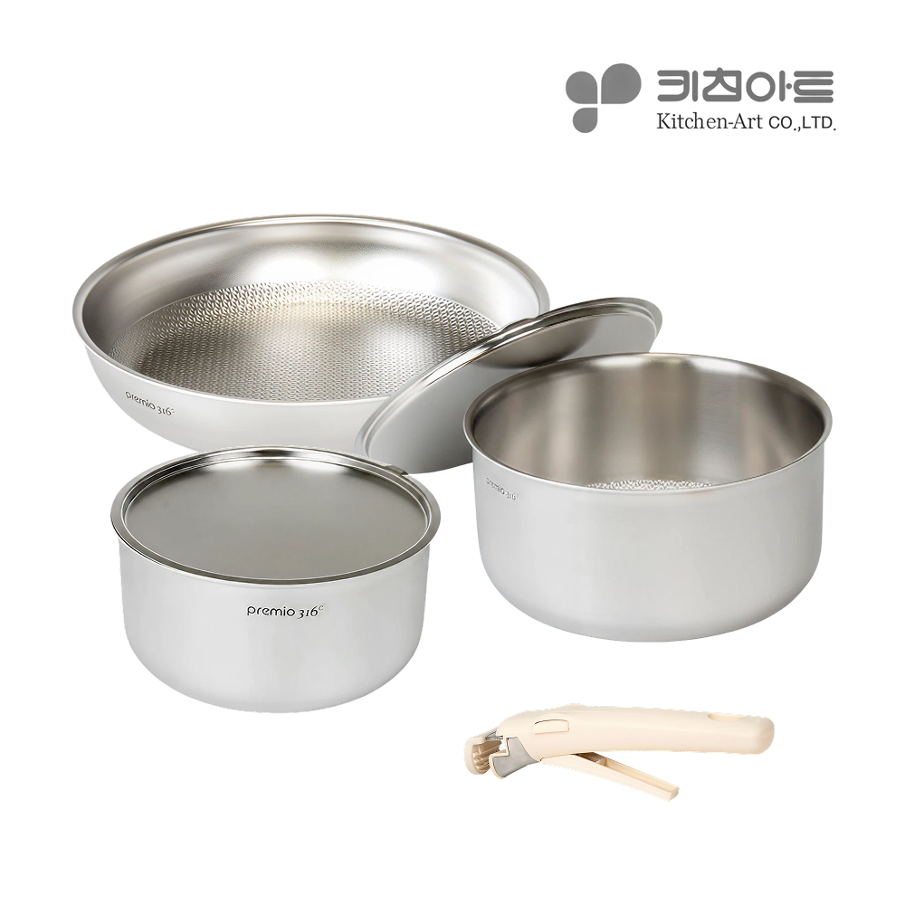 연마제 사용안한 냄비 프라이팬 세트 키친아트 스테인리스 316 탈부착 무연마제 통5중 3종, 냄비 16+20+프라이팬 22, 1세트 - 메인 이미지