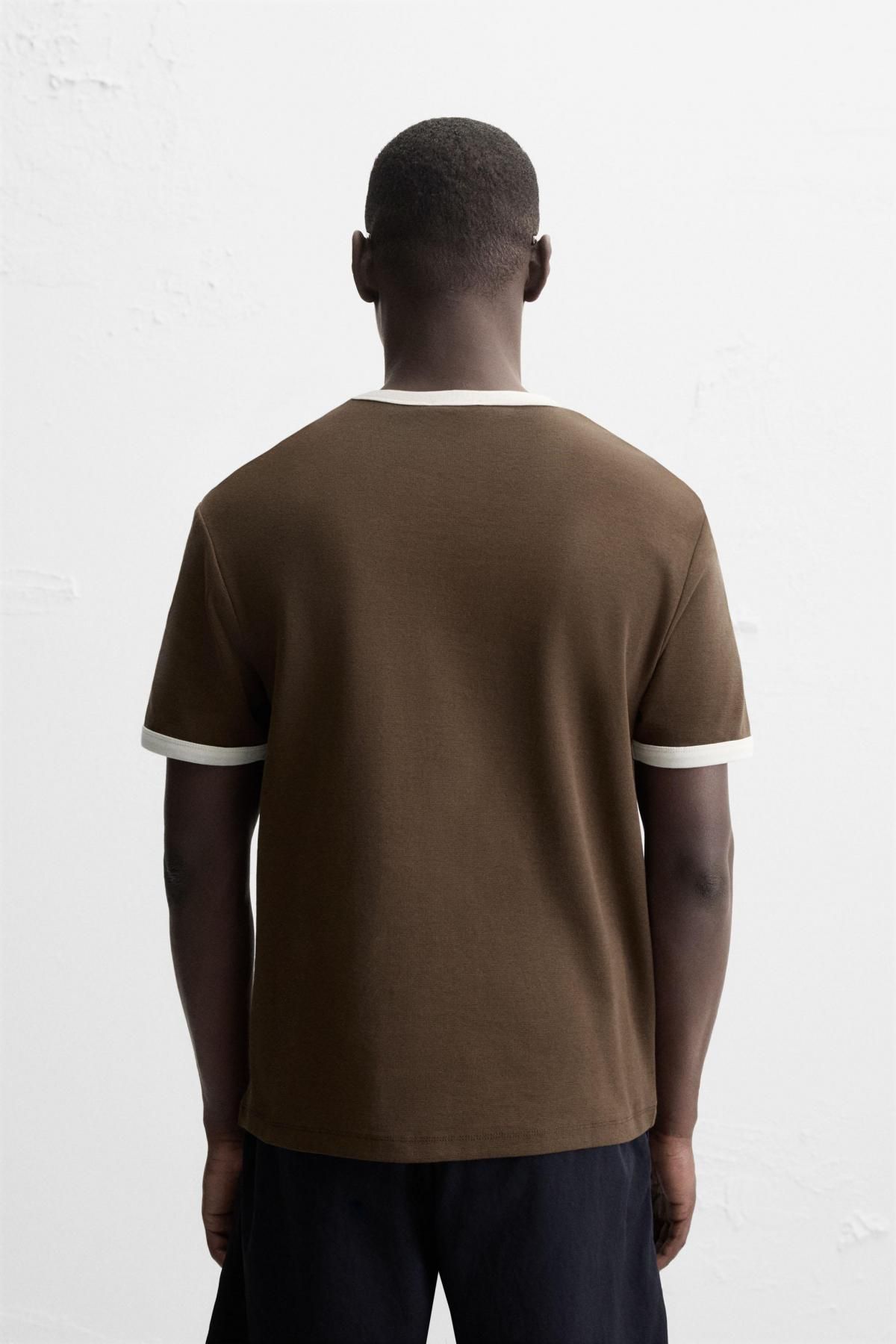 자라 미니멀 배색 골지 반팔 티셔츠 0761/412 BROWN / ECRU - 상세 이미지 4