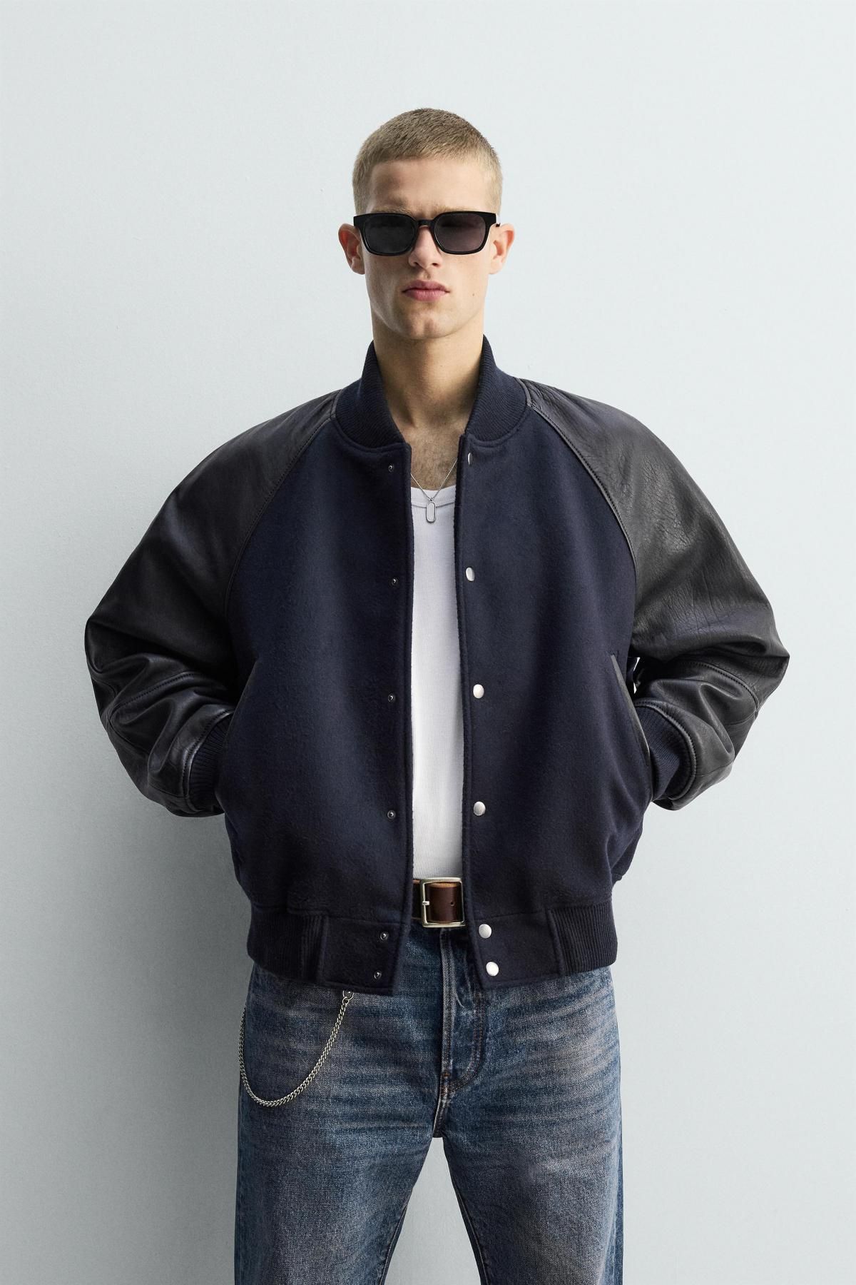 자라 프리미엄 레더 바시티 봄버 자켓 5388/304 DARK NAVY - 상세 이미지 3