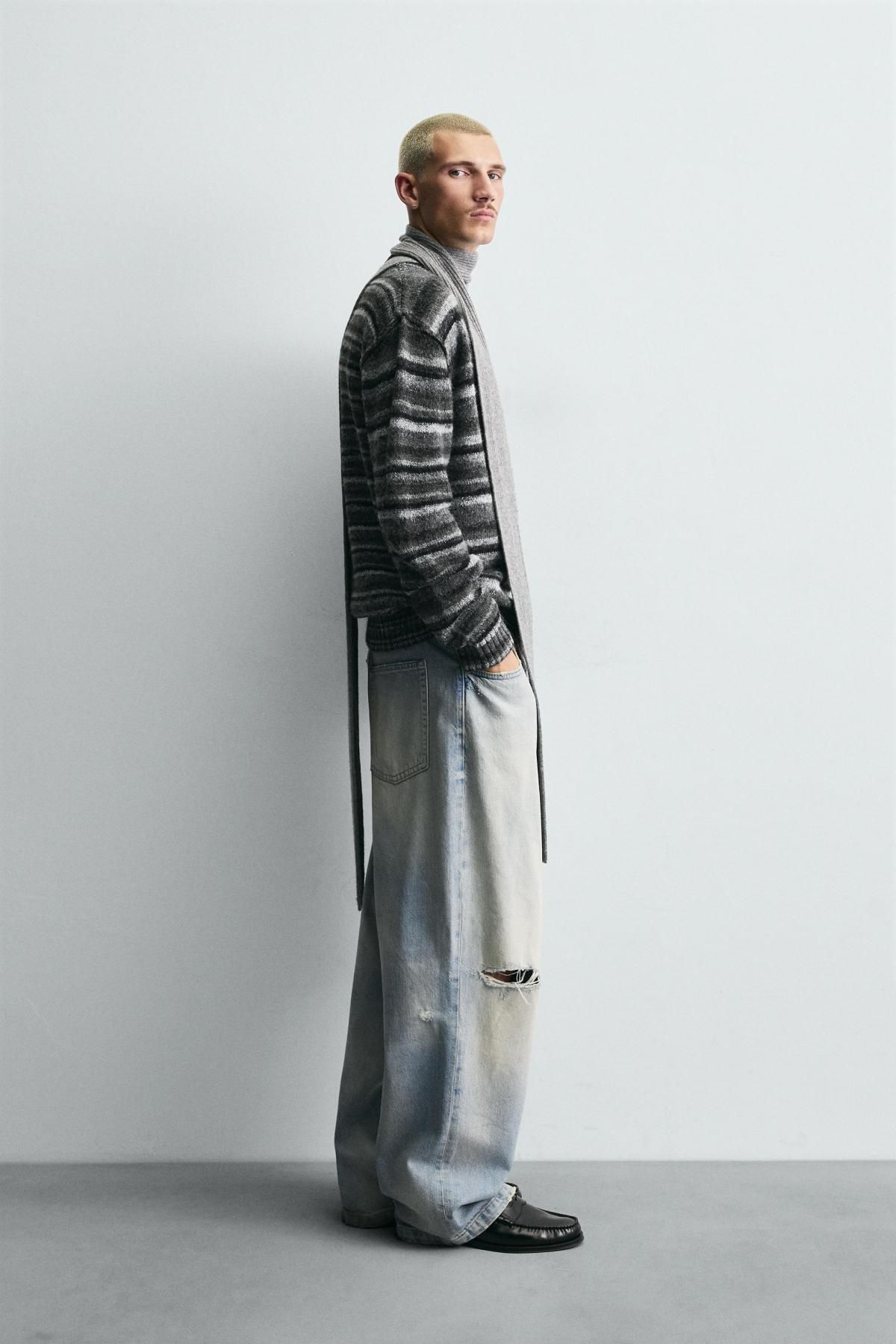 자라 스트라이프 브이넥 자카드 가디건 3920/157 ANTHRACITE GREY - 상세 이미지 5