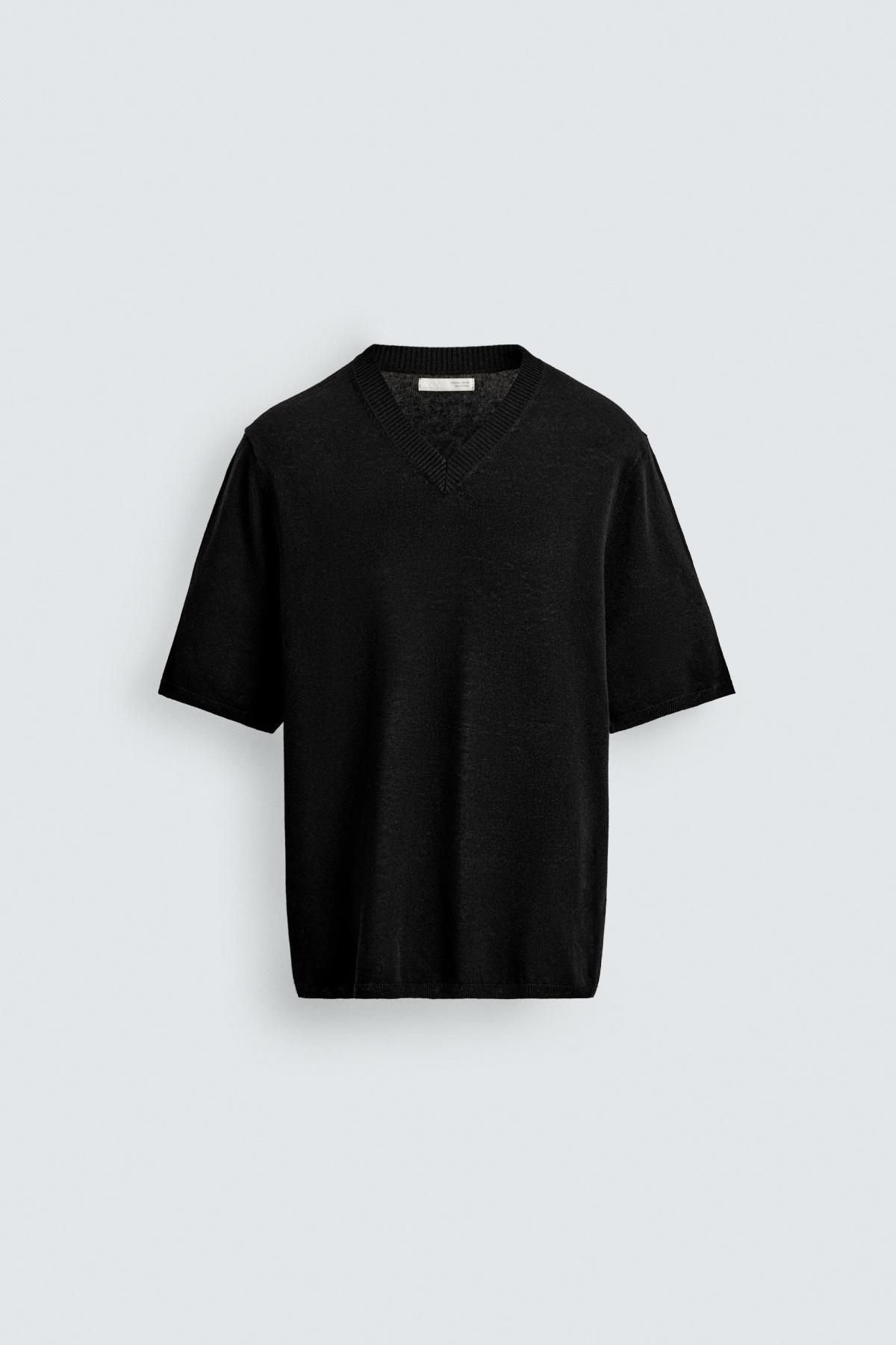 자라 미니멀 브이넥 니트 반팔 티셔츠 0506/309 BLACK - 메인 이미지