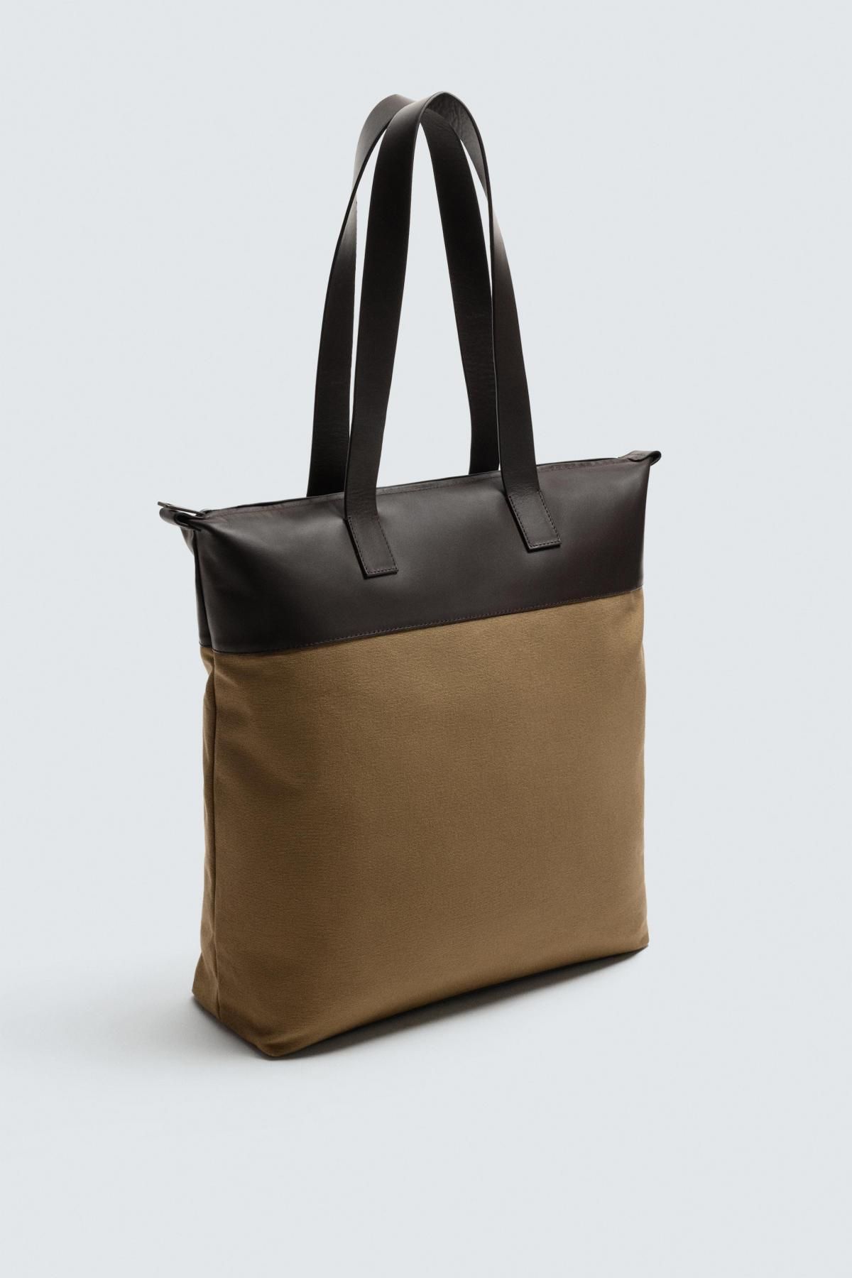 자라 베이직 레더 디테일 캔버스 토트백 3345/620 BEIGE - 상세 이미지 5