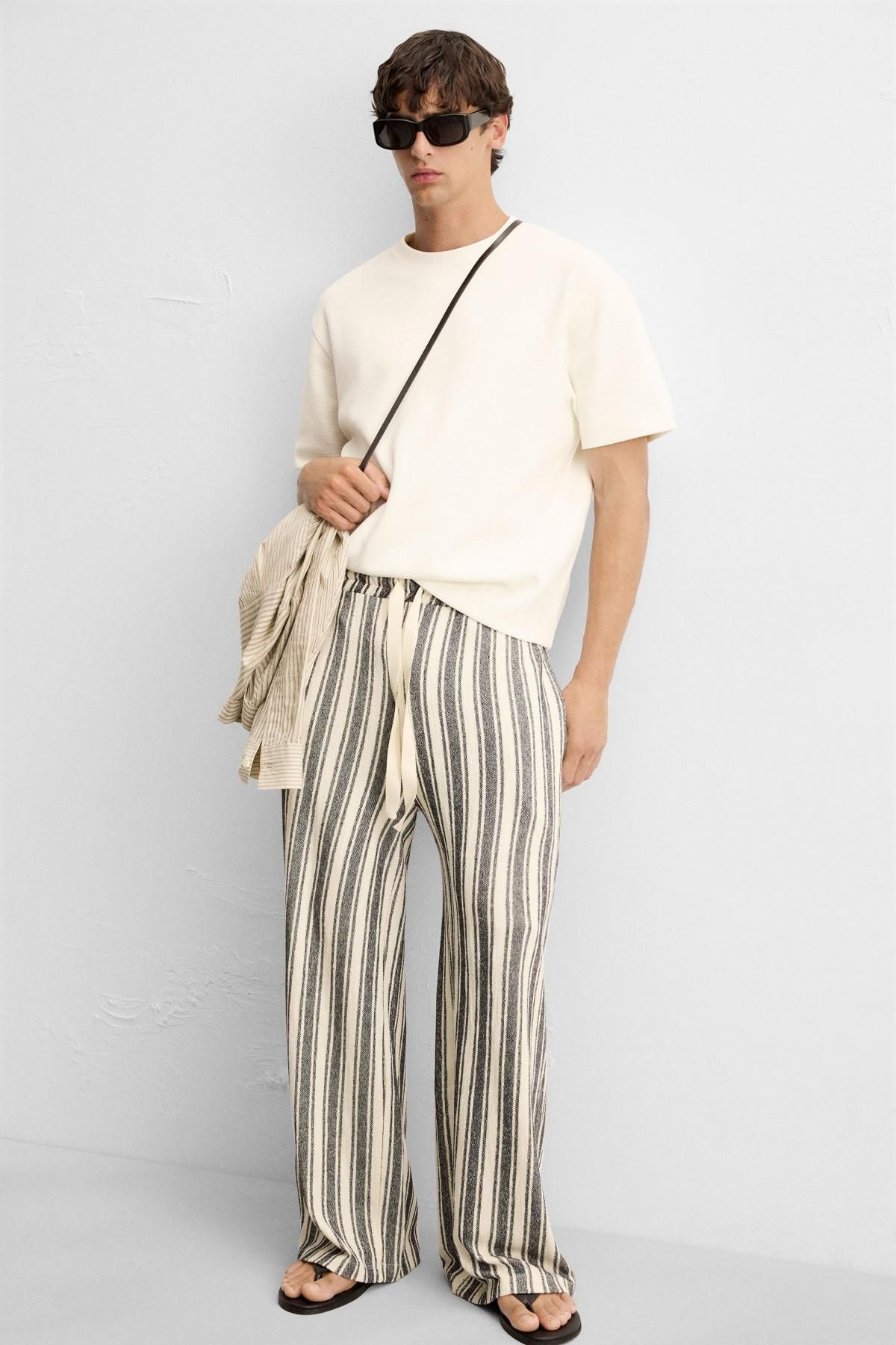 자라 스트라이프 와이드 테크니컬 자카드 팬츠 5039/313 WHITE / NAVY - 상세 이미지 5