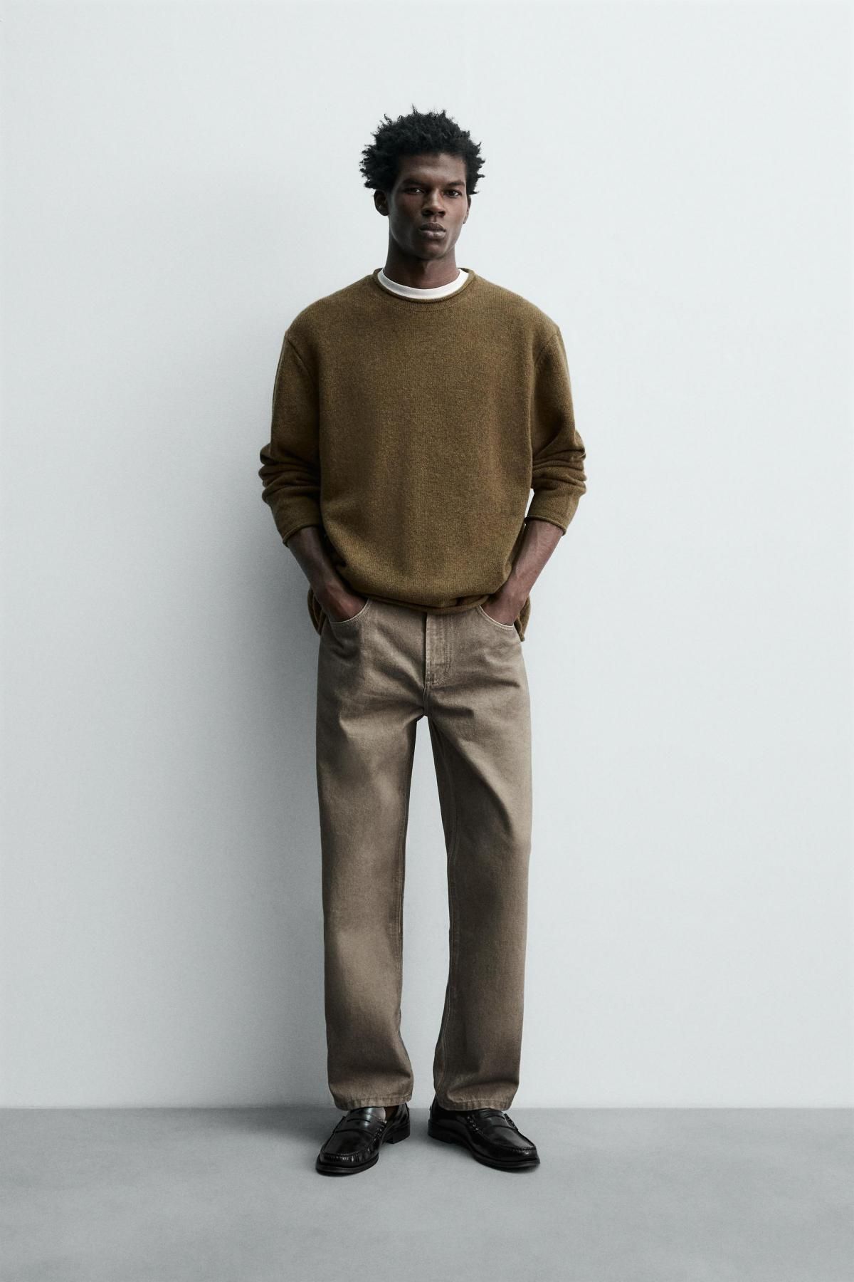 자라 프리미엄 울 라운드넥 스웨터 브라운 롤드엣지 2893/349 OLIVE GREEN - 상세 이미지 2