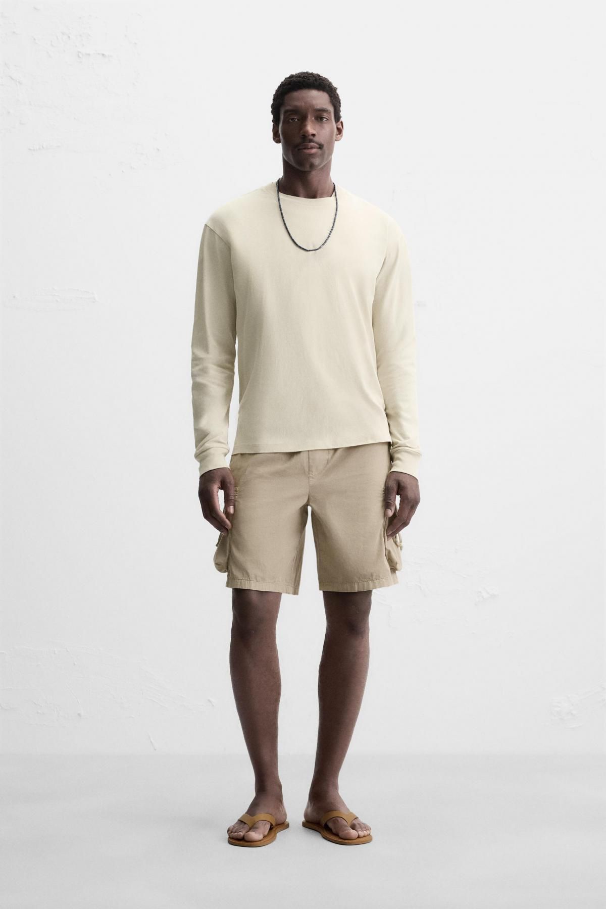 자라 미니멀 코튼 라운드넥 긴팔 티셔츠 4231/480 BEIGE - 상세 이미지 2